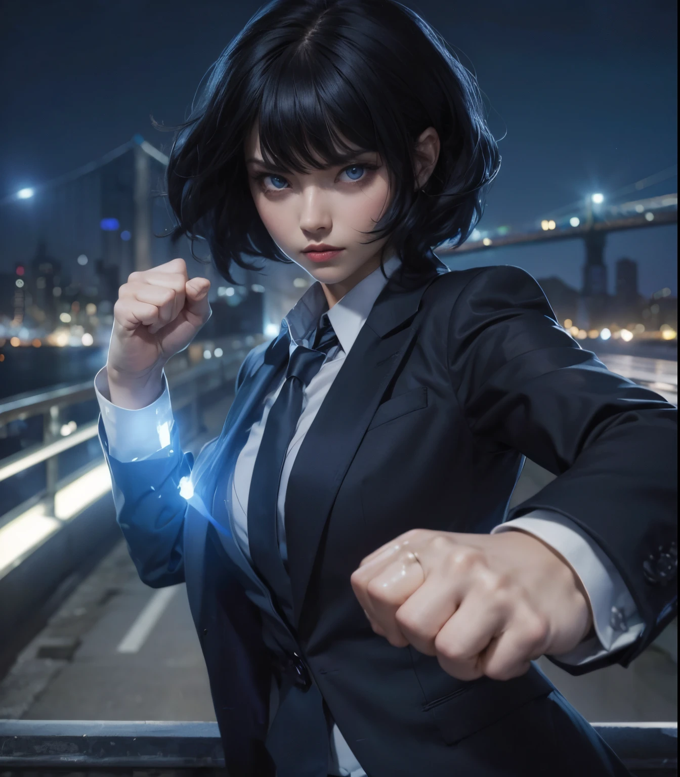 Beautiful woman in a fighting pose and looking at the camera. Both fists are surrounded by a translucent bluish-white light. He is wearing a black business suit. Black hair. Beautiful double eyes. The bridge of my nose. The location is a city at night. A masterpiece.