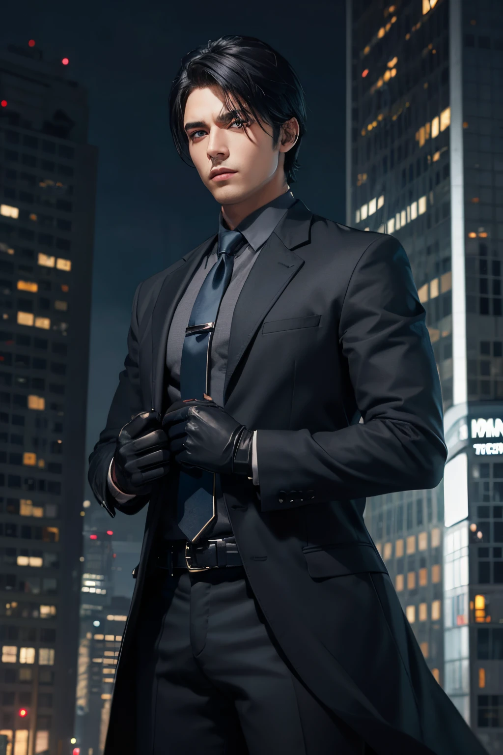 Male,killer,gunner,black hair,short hair,dark blue eye,grey shirt,dark blue necktie,black short shoulder coat,black gloves,night time,on a tall building