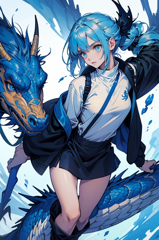 Beautiful young girl wearing oversized winter clothes and riding a blue dragon,