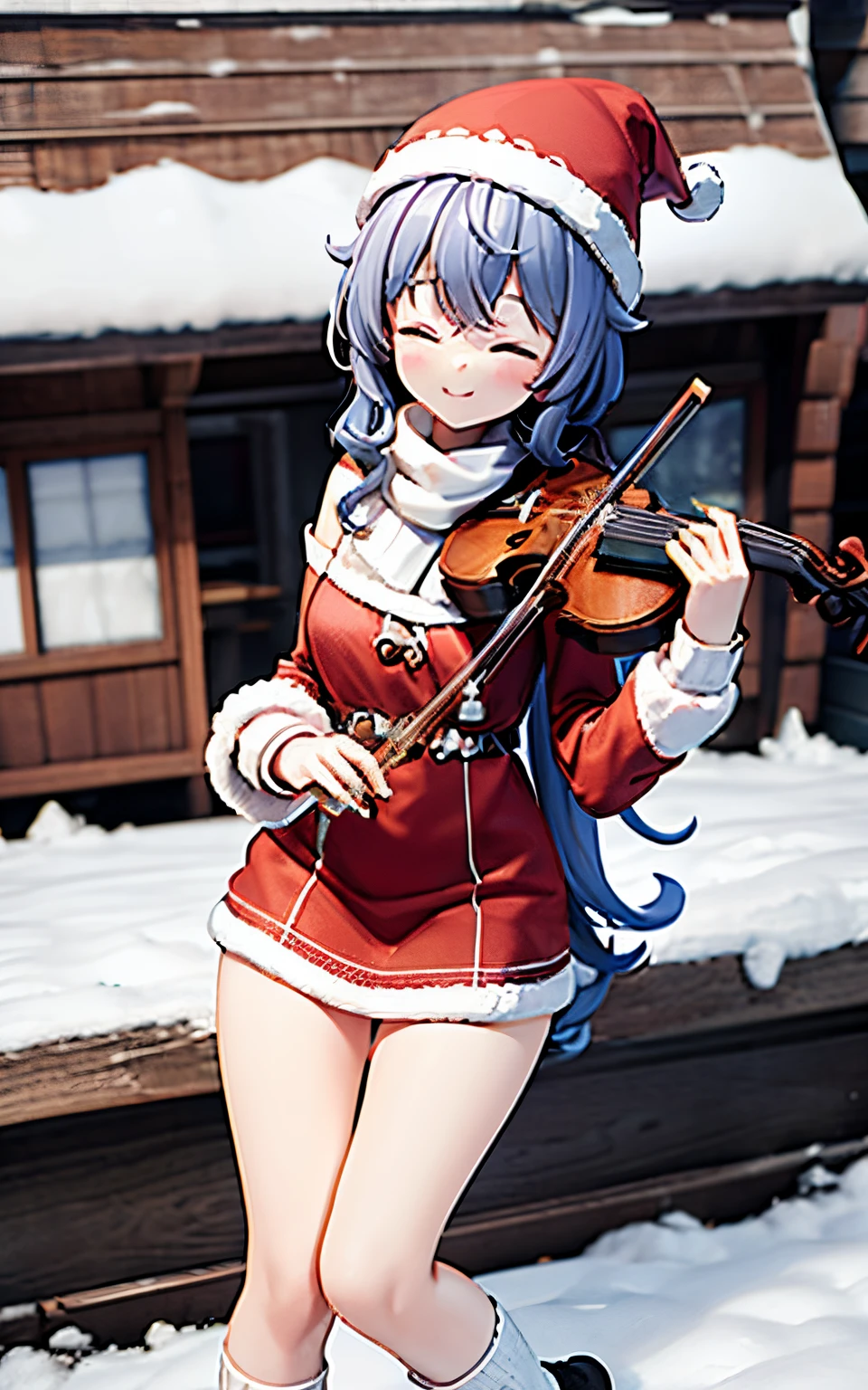 girl wearing christmass dress cotton, night background with snow, red scarfs, playing violin, smile, cute, slim, eyes closed, white long messy curly hair, red clous hat, red short dress, sexy, inside a cottage chillin, poser, comftly, long black and white stipe socks,3DMM