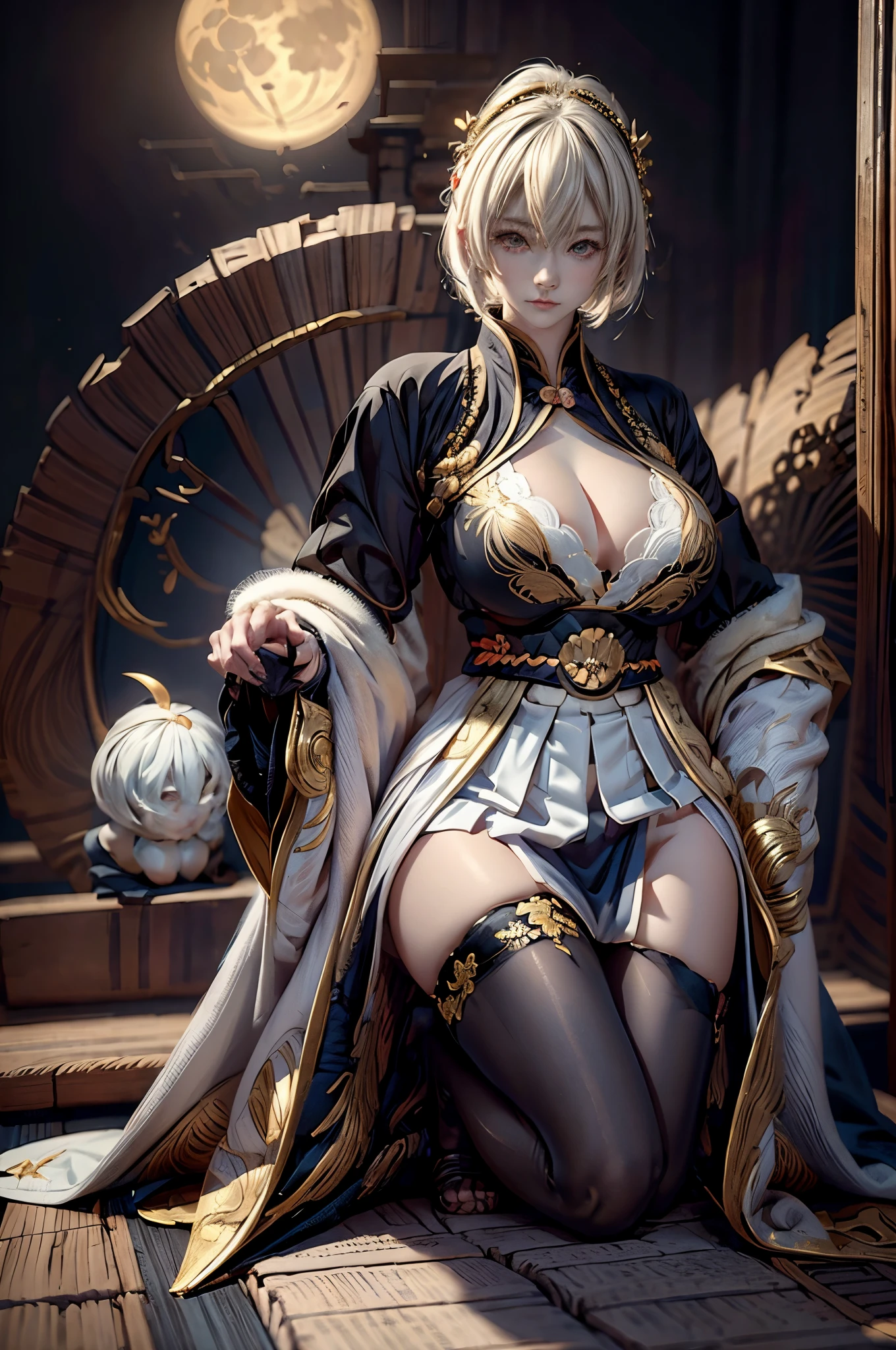 Anime girl with short blond hair and gold jewelry in front of black background, onmyoji detailed art, anime goddess, portrait onmyoji, Onmyoji, white haired god, the goddess artemis smirking, goddess of the moon, intricate gorgeous anime CGI style, Beautiful fantasy empress, Works of the Goddess of Sorrow, goddess of the moon, goddess of the moon, (Colossal tits:1.4), (Detailed eyes:1.4)