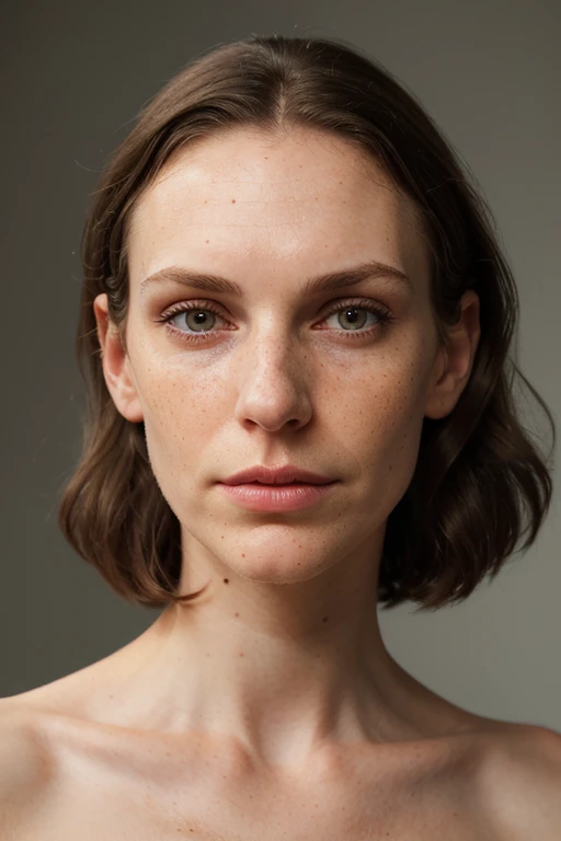 tall white brunette, very beautiful, petite, large breasts, wavy black shoulder length hair, angular cheekbones, slightly upturned nose, freckles, realistic lighting, sharp edge lighting, portrait photograph of face