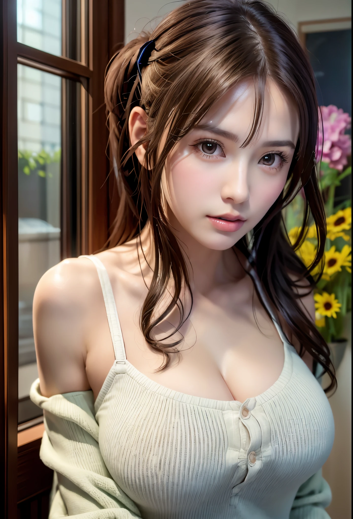 8K, of the highest quality, masutepiece:1.2), (Realistic, Photorealsitic:1.37), of the highest quality, masutepiece, Beautiful young woman, Pensive expression,、A charming、and an inviting look, Oversized knitwear、cleavage of the breast, Hair tied back, Cinematic background, Light skin tone