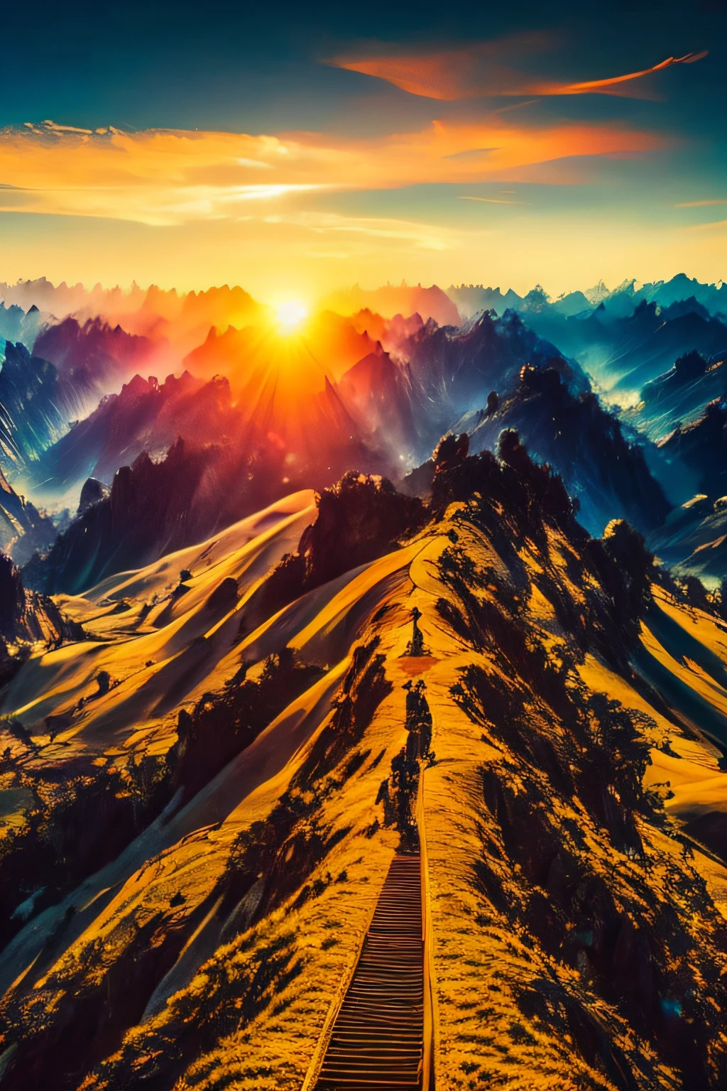 Chinese style,Long March to Climb Majestic Mountains,Spiritual,high definition resolution,Realisticstyle,grittiness,sunrise and sunshine,Historical traces,Poster design