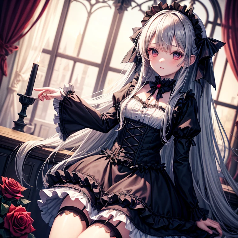 Gothic lolita, Long hair,(Rose flower),ruffle skirt dress, 8K, Dark atmosphere, Gothic castle study, with brake ears, your hair ribbon