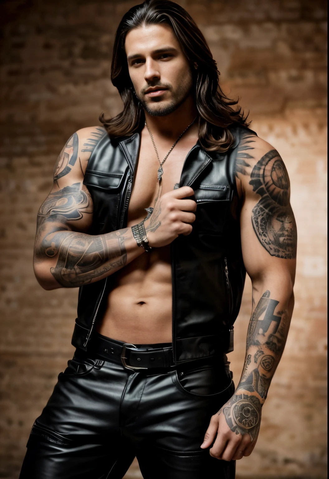 A man with long hair and tattoos wearing leather pants, Johnny Silverhand, usando um colete de couro preto, roupas de couro, Greg Rutkowski de corpo inteiro, homem tatuado, macho sexy, usando colete blindado de couro, strong masculine features, Clayton Crain, corpo musculoso tatuado, fantasia roupas de couro, vestido em couro biker, roupas de couro, musculoso! Cyberpunk, Christian, com tatuagens