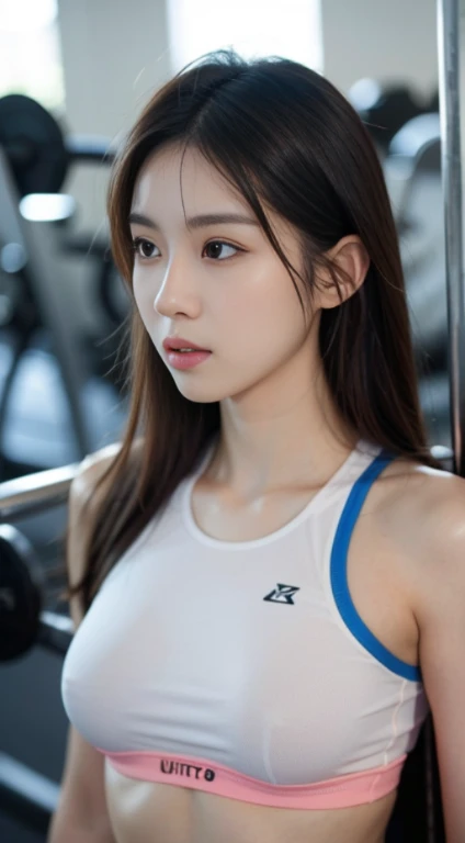 ultra realistic korean babe with pale skin beautiful face working out in a gym