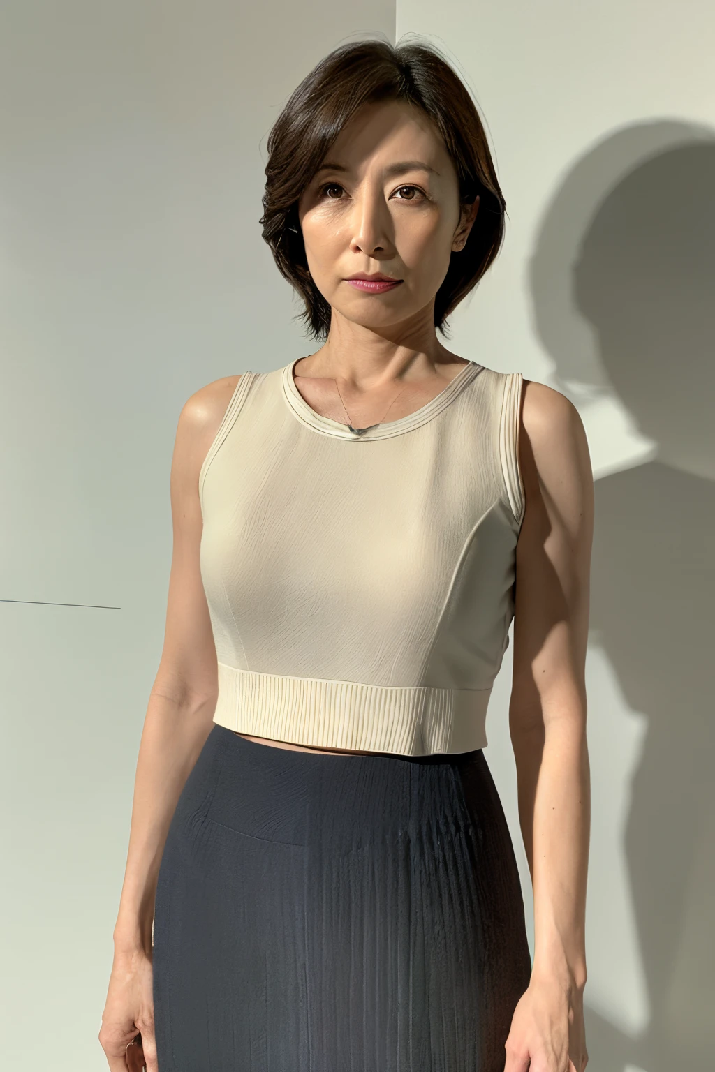 Pale solid color background,japanese mature, 42 year old, Beautie, 独奏, Close your mouth and look straight ahead with a serious expression, (((Stand upright facing the center of the screen))), Tank Tops, skirt by the, hight resolution, high-level image quality, high detailing, Textured skin, tre anatomically correct, sharp, cowboy shot