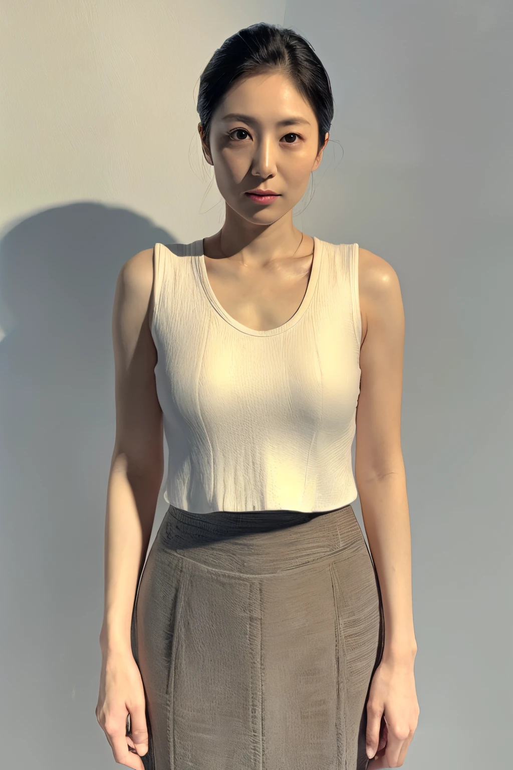 Pale solid color background,japanese mature, 20yr old, Beautie, 独奏, Close your mouth and look straight ahead with a serious expression, (((Stand upright facing the center of the screen))), Tank Tops, skirt by the, hight resolution, high-level image quality, high detailing, Textured skin, tre anatomically correct, sharp, cowboy shot