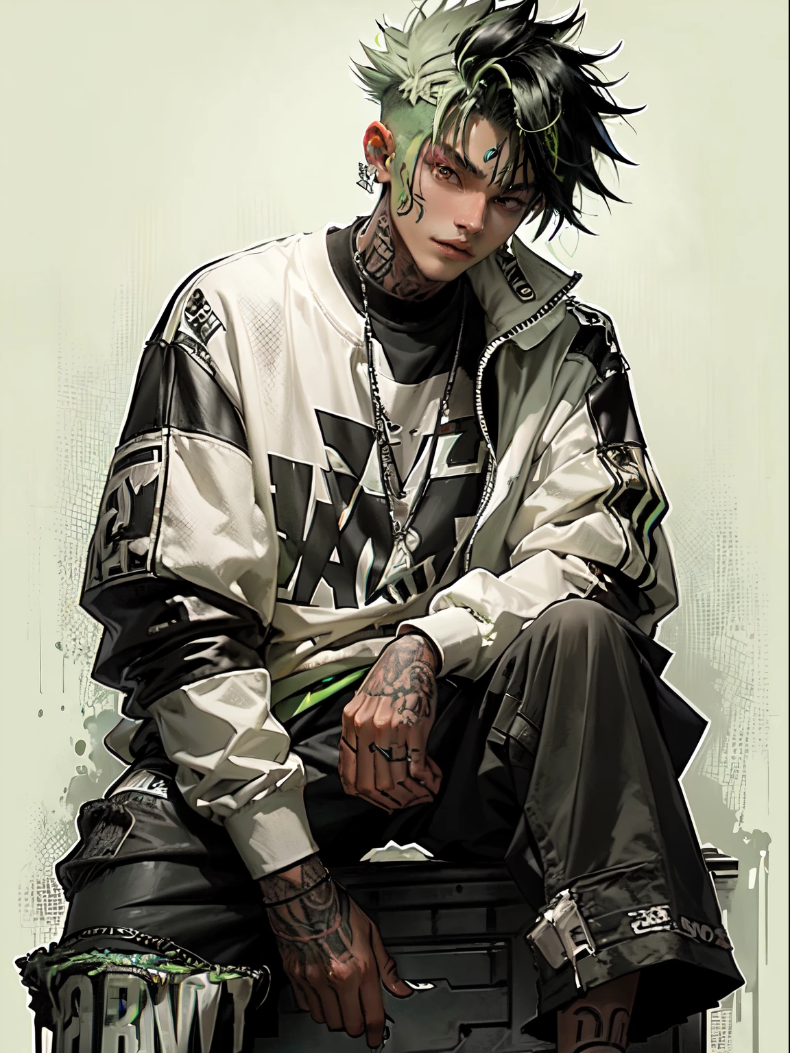 Kpop young age boy with fade cut dark lime green hair with with (frosted white tips top hair), smile, smirk, rizz, cute face, irresistible, sit pose, poser, serious face, full half body show, tattoos, wears cool black mixed green open jacket with long big sized shirt, long black pants with belt, paint background, popstar, has messy lime green hair, and a green one-suit with a diamond. He has a normal Putt Putt Troll appearance overall, as most of them resemble his appearance with exceptions like Viva. His attire a reference to the golfing attire of golfers.
