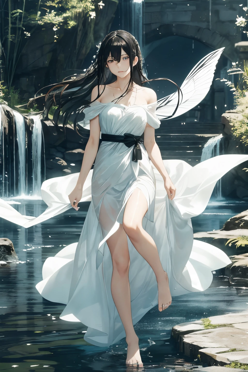 floating in the air,A man wearing a gauze、A woman with wet hair touches the ground with her bare feet,A pair of watery eyes filled with hatred, shame, annoyance and anger。
At the waist,
+Beautiful appearance,The facial features are exquisiike art treasures,The white silk edge adds a touch of beauty and femininity。The cicada-like black gauze becomes more aura-like,Little did he know that he also inadvertently gained an extra touch of fragility.,Three thousand smooth and lubricated hair strands drink like a waterfall,More elegant and elegant。