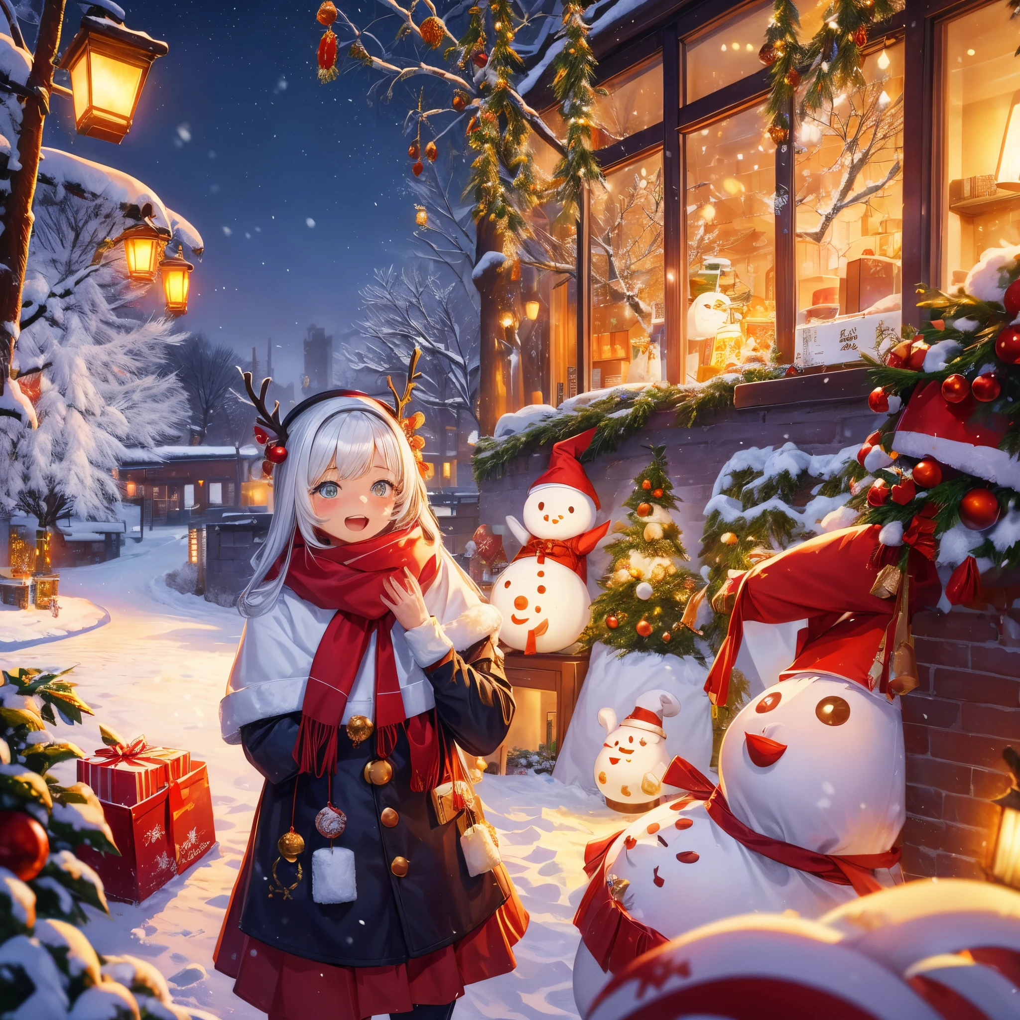 On a cold winter day, Snow-covered festival town, like a well-decorated white blanket。The Christmas tree in the town decorated with lights, Shimmering with a warm glow, Adding a strong festive atmosphere to the entire environment。, The windows of every house are covered with various Christmas stickers, The warm atmosphere in the house spreads through the windows, Let people feel the warmth of home。Inside the house, people sitting around the dining table, Enjoy a sumptuous Christmas dinner, Laughter and chatter mingled, The result presents a harmonious picture。, Shop windows on both sides of the street are carefully decorated, Displays various Christmas related topics。Some display cute reindeer and snowmen, Some scenes of family reunions, The photo shows Santa Claus busy in front of the chimney。These window displays make you feel like you are in a fairy tale world full of joy and surprises。, In the center of the city, There a huge Christmas tree, The tree filled with colorful decorations and twinkling lights。Various gifts and toys are placed under the tree, Attract children to come looking for Christmas gifts。Some families even put a huge cake under the tree, celebrate this special holiday。, natta, Snowflakes falling in the sky, The whole town illuminated like a dream by snow-white lights and lanterns。Children snowmen in the snow, snowball fight, Laughter echoes in the air。And the streets and alleys, Band plays cheerful Christmas songs, People sing and dance to celebrate this special festival。, Generally speaking, This Christmas town full of joy、warmth and love。Everyone infected by the festive atmosphere, Immerse yourself in this beautiful fairy tale world。This scene like a vivid picture, Make people linger, Feel the strong festive atmosphere。, hyper HD, acurate, super detailing, high detal, high qulity, A high resolution
