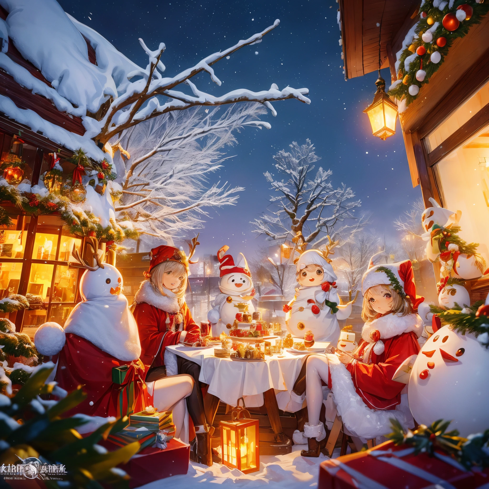 On a cold winter day, Snow-covered festival town, like a well-decorated white blanket。The Christmas tree in the town decorated with lights, Shimmering with a warm glow, Adding a strong festive atmosphere to the entire environment。, The windows of every house are covered with various Christmas stickers, The warm atmosphere in the house spreads through the windows, Let people feel the warmth of home。Inside the house, people sitting around the dining table, Enjoy a sumptuous Christmas dinner, Laughter and chatter mingled, The result presents a harmonious picture。, Shop windows on both sides of the street are carefully decorated, Displays various Christmas related topics。Some display cute reindeer and snowmen, Some scenes of family reunions, The photo shows Santa Claus busy in front of the chimney。These window displays make you feel like you are in a fairy tale world full of joy and surprises。, In the center of the city, There a huge Christmas tree, The tree filled with colorful decorations and twinkling lights。Various gifts and toys are placed under the tree, Attract children to come looking for Christmas gifts。Some families even put a huge cake under the tree, celebrate this special holiday。, natta, Snowflakes falling in the sky, The whole town illuminated like a dream by snow-white lights and lanterns。Children snowmen in the snow, snowball fight, Laughter echoes in the air。And the streets and alleys, Band plays cheerful Christmas songs, People sing and dance to celebrate this special festival。, Generally speaking, This Christmas town full of joy、warmth and love。Everyone infected by the festive atmosphere, Immerse yourself in this beautiful fairy tale world。This scene like a vivid picture, Make people linger, Feel the strong festive atmosphere。, hyper HD, acurate, super detailing, high detal, high qulity, A high resolution