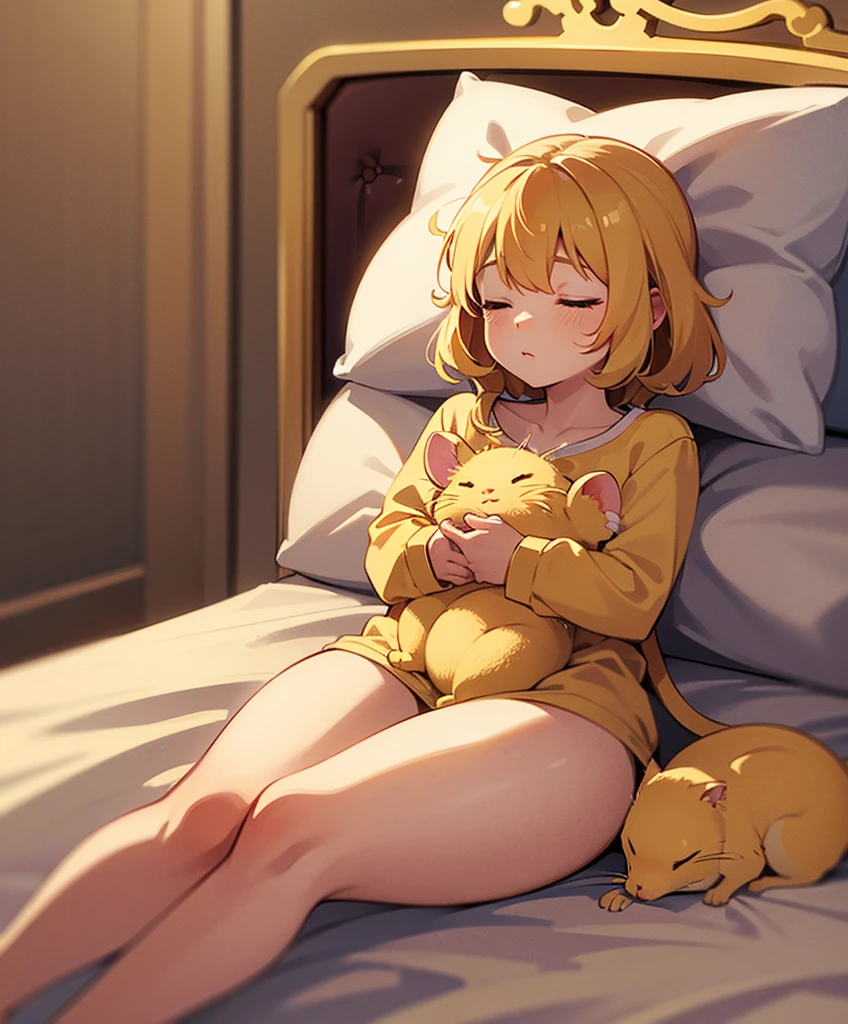 holding small golden mouse, in heaven, in bed, sleeping mouse laying in bed, on pillow, sleeping in hand, pure gold fur