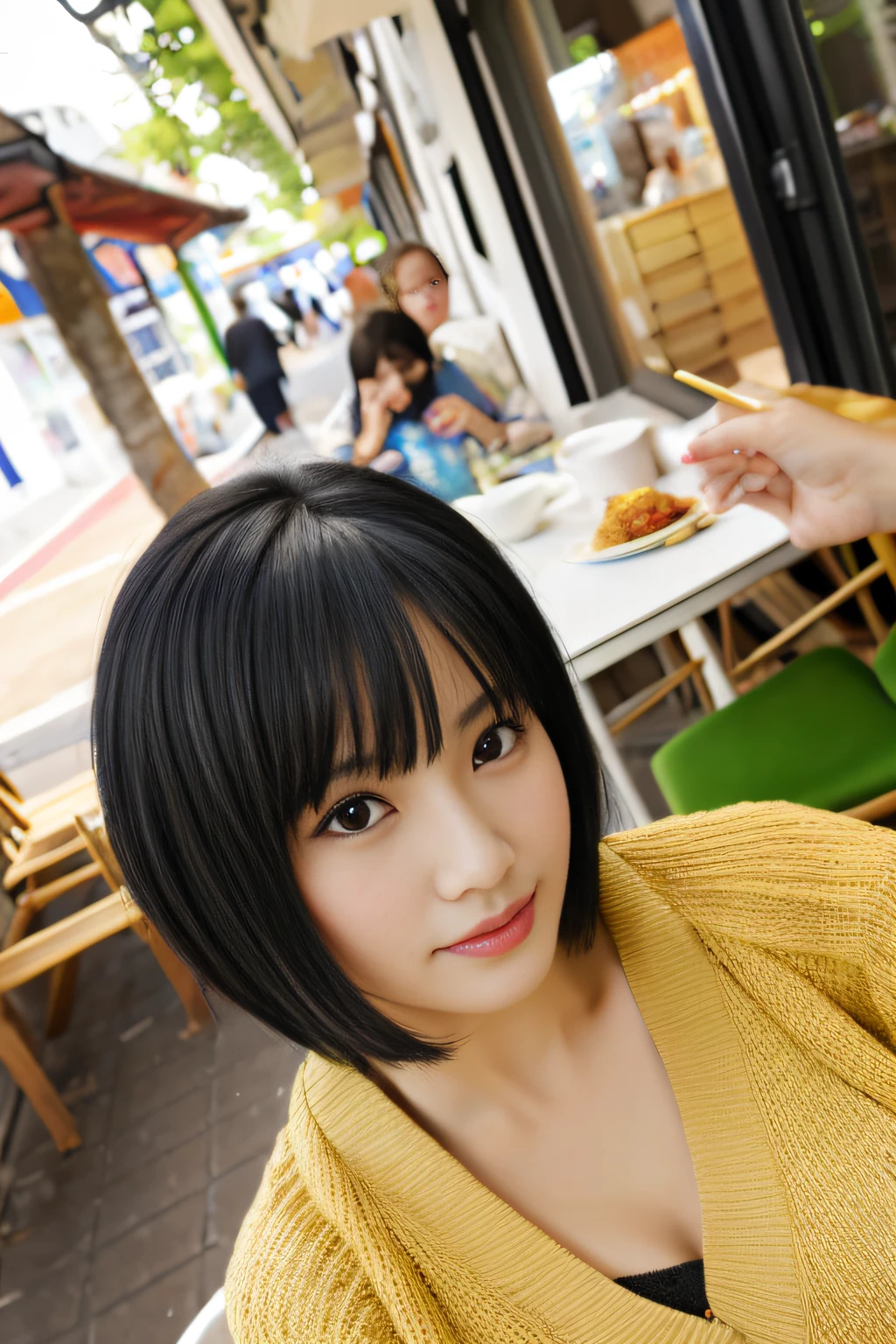 (masutepiece:1.3), (8K, Photorealistic, Raw photo, Best Quality: 1.4), (Malay girls), Beautiful face, (Realistic face), (Black hair, Short hair:1.3), woman eating cake at cafe、large full breasts、Mature clothes、Beautiful hairstyle, Realistic eyes, Beautiful detailed eyes, (Realistic skin), Beautiful skin, (Sweaters), absurderes, Attractive, 超A high resolution, A hyper-realistic, Highly detailed, Golden ratio