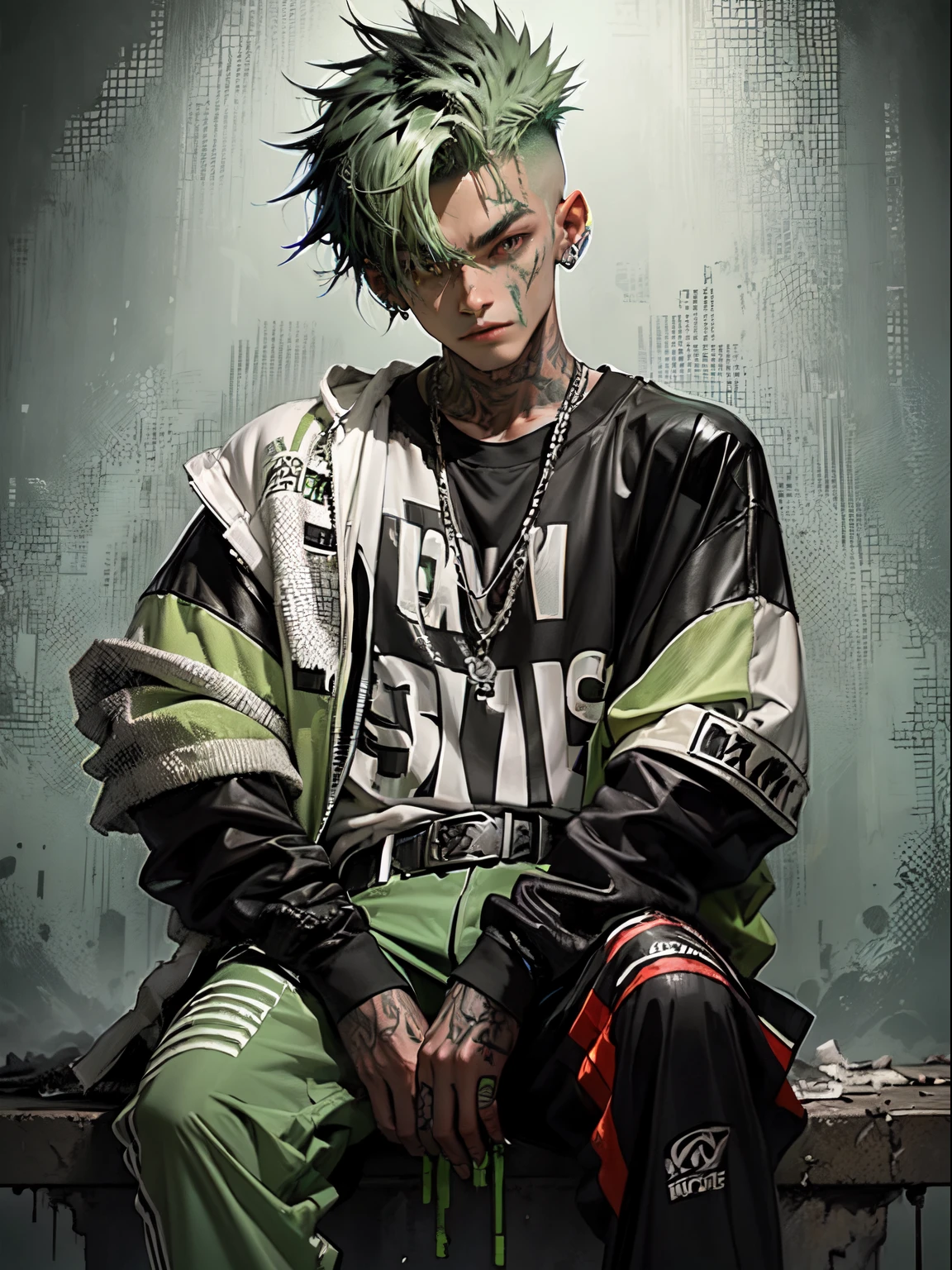 Kpop young age boy with fade cut dark lime green hair with with (frosted white tips top hair), smile, smirk, rizz, cute face, irresistible, sit pose, poser, serious face, full half body show, tattoos, wears cool black mixed green open jacket with long big sized shirt, long black pants with belt, paint background, popstar, has messy lime green hair, and a green one-suit with a diamond. He has a normal Putt Putt Troll appearance overall, as most of them resemble his appearance with exceptions like Viva. His attire a reference to the golfing attire of golfers.