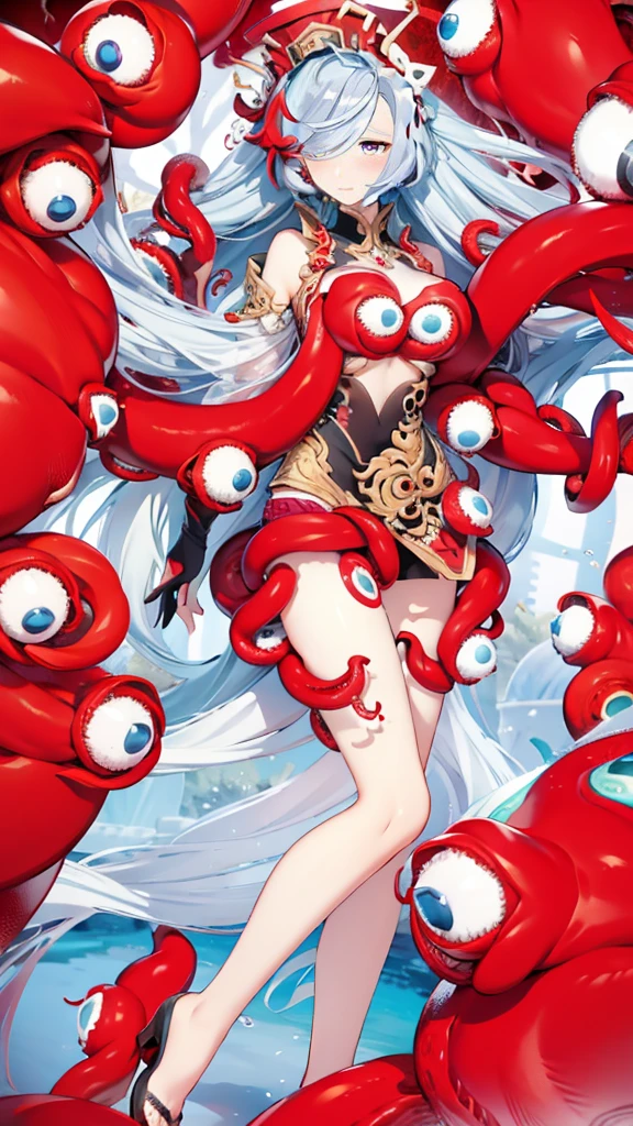 Beautuful Women,Shen He,Hair blocks the right eye,There are two eyes on the huge chest,The body bound by red tentacles with eyes.,A bride hypnotized into a tentacle,Seductive posture