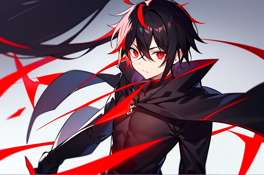 hight resolution,close range、Anime boy with black hair and red eyes staring at camera, Glowing red eyes,slim, dressed in a black outfit,Shadow Body,colorful backdrop,hair messy,yameroyandere, Diagonal angle