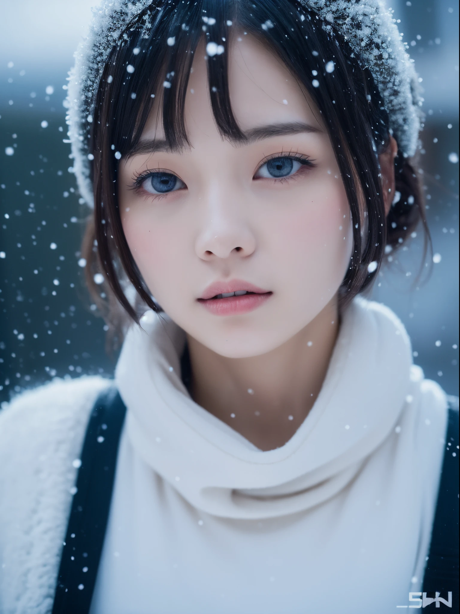 It's snowing、Winter Villa Area、winter sport、Close up of woman posing for photo, Middle metaverse, 奈良美智, Japanese Models, Beautiful Asian Girl, With short hair, 2 4 years old female model, 4 k ], 4K], 2 7 years old, sakimichan, sakimichan