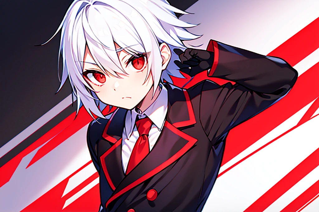 hight resolution,close range、Anime boy with white hair and red eyes staring at camera, Glowing red eyes,slim, dressed in a black outfit,Shadow Body,colorful backdrop,hair messy,yameroyandere, Diagonal angle