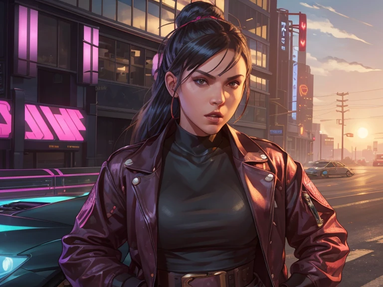 girl in a vibrant cityscape,futuristic vehicles and buildings,neon lights,fast-paced action,high-tech weaponry,explosions,gritty and edgy atmosphere,highly-detailed graphics,immersive open world,exciting car chases,crime and gangster themes,urban chaos,top-notch visual effects,expansive map,character customization,stylish fashion,enthralling storyline,nighttime skyline,beautiful sunset,glowing skyscrapers,realistic physics engine,photo-realistic graphics,high-quality textures,stunning visual details,addictive gameplay,dynamic weather system,cool and confident protagonist,intense gunfights and shootouts,driving through busy streets,breathtaking stunts,police pursuits,endless possibilities,unforgettable gaming experience,vivid colors, cinematic camera angles,thrilling heists and robberies,explosive escape scenes,music and radio stations, multi-player mode for endless fun.