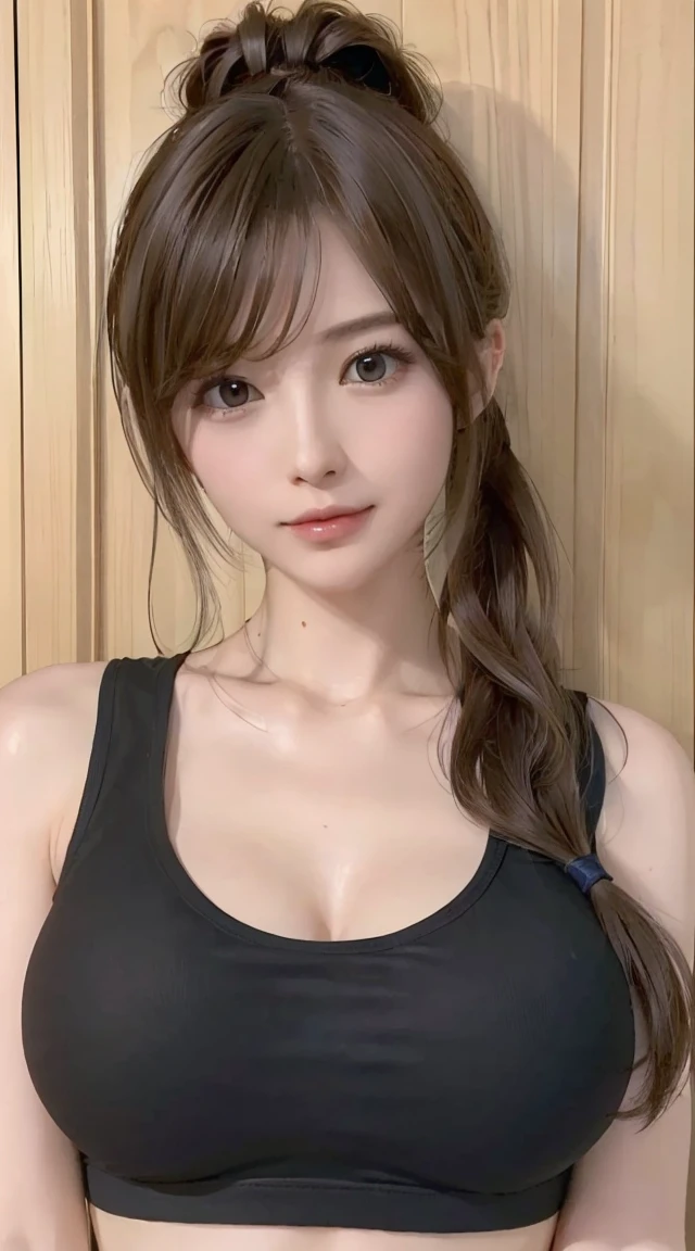 ((Best Quality, 8K, masutepiece :1.3)), 1girl in, Pretty woman with emphasizing slender abs :1.3, (Random hairstyles, Huge breasts :1.2), Oversized tank top :1.2, Ultra-detailed face, Detailed eyes, 二重まぶた