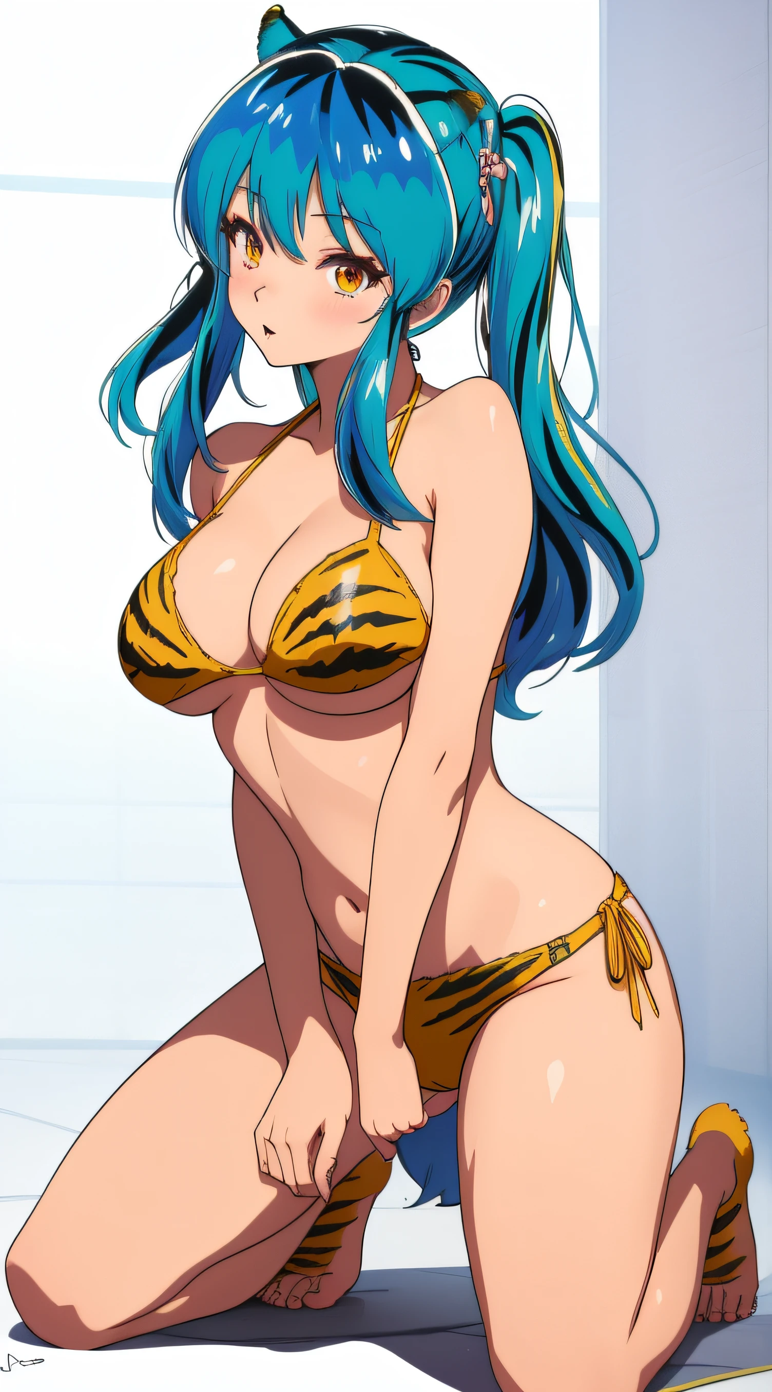 Ram, marine blue hair color, a tiger_Pattern Bikini, Sexy, (doggy style: 1.2), masutepiece, (penetration: 1.2),NSFW