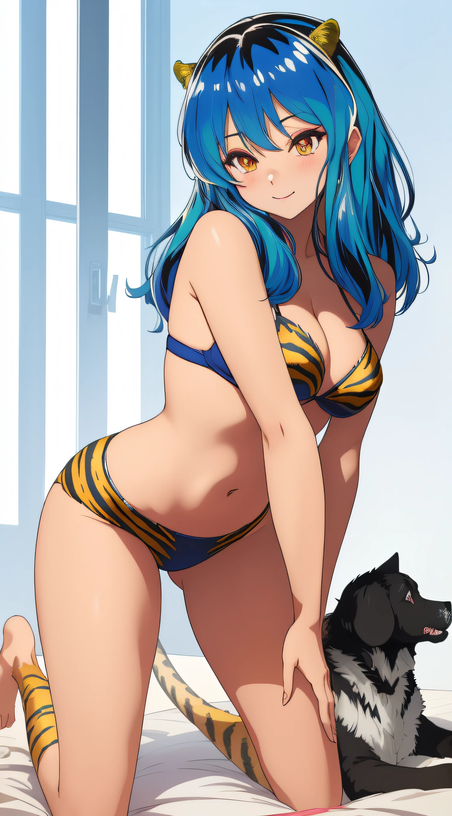 Ram, Little Demon Horns, marine blue hair color, a tiger_Pattern Bikini, Sexy, (doggy style: 1.2), masutepiece, (penetration: 1.2),NSFW