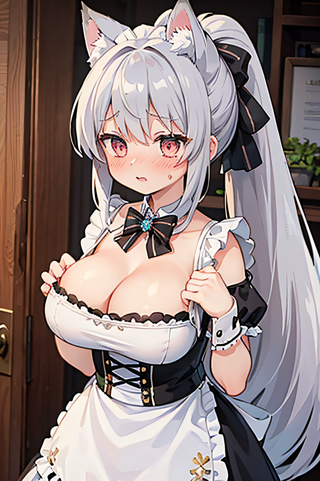 masutepiece, Best Quality, {1girl in},(blush), embarrassed, (Cowboy Shot),Silver hair,Very long hair,Ponytail,maid,Fox ears,fox tails,Big,cleavage,(Large breasts:1.4)