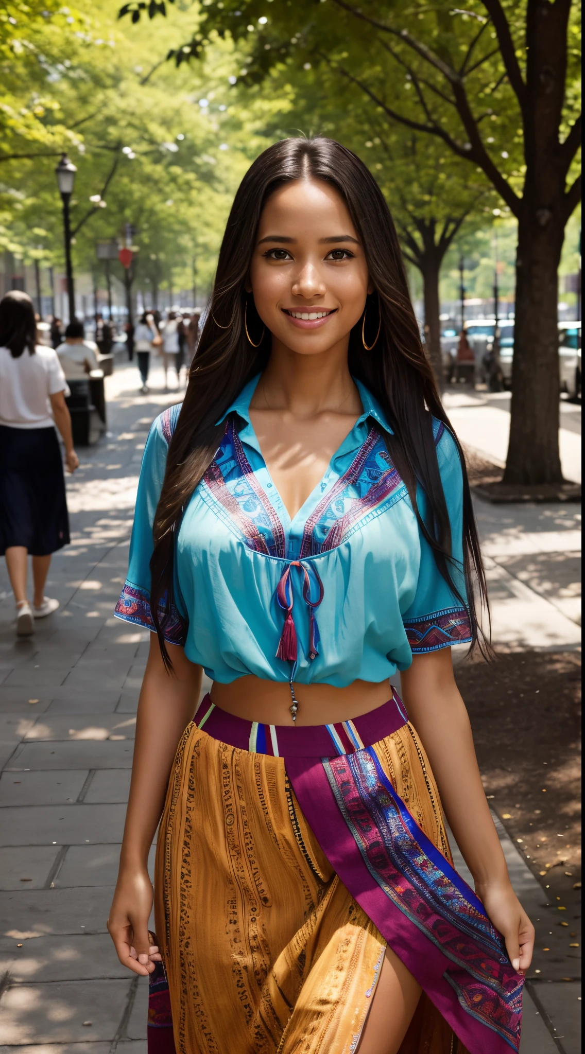 Foto hiperrealista en primer plano de Kelsey Asbille (native American ((light dark skin))), masterpiece, best quality, (photorealistic:1.4), full body, (colorful blouse:1.2), (colorful hippies maxi skirt1.2), in the New York City Park, sunny day, cinematic light, beautiful woman, photo oh whole person, cinematic light, beautiful woman, skinny, large breasts, straight hair, detailed face, smile, photo taken from a distance