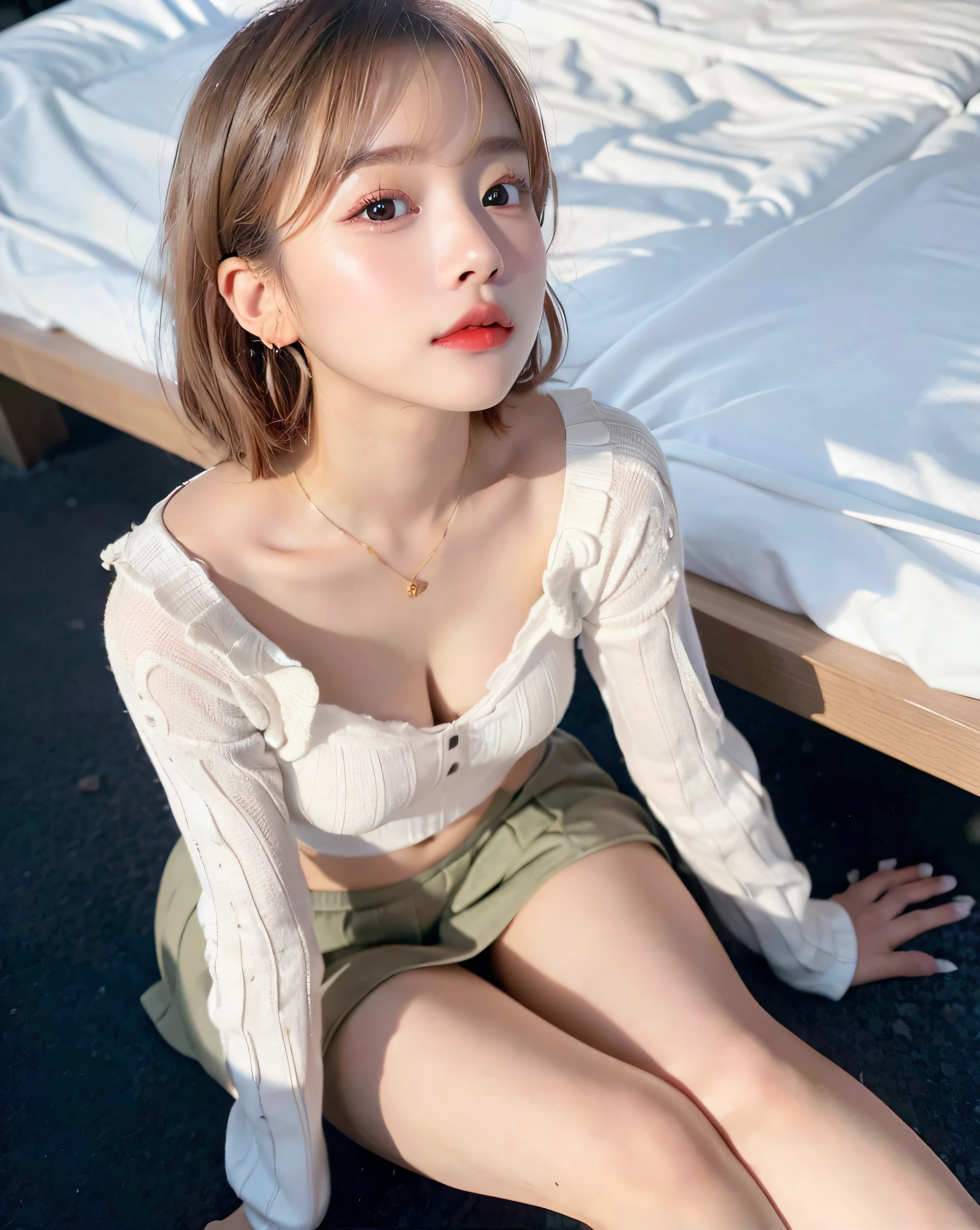 (8K、Original photography、Picture quality、tmasterpiece:1.3)、(actual、真实感:1.3)、1 girl in、(Cute little turtle:1.3)、(small tit:1.3)、(rays of sunshine)、(rays of sunshine)、(Sheer sunlight)、State University of New York、(looking at the viewer only:1.3)、wavy and long hair、(Ear nipple Rinouth Close、ulzzang-6500-v1.1:0.5 green wool skirt、There  a woman sitting on the ground beside the bed, young and cute girl, 2 4 year old female model, cute young woman, gorgeous young korean woman, Good young girl, Beautiful Asian Girls, gorgeous chinese models, Korean girls, a cute young girl, cute young woman, Nice face，all  fours, Samu rice paste, Cute girls