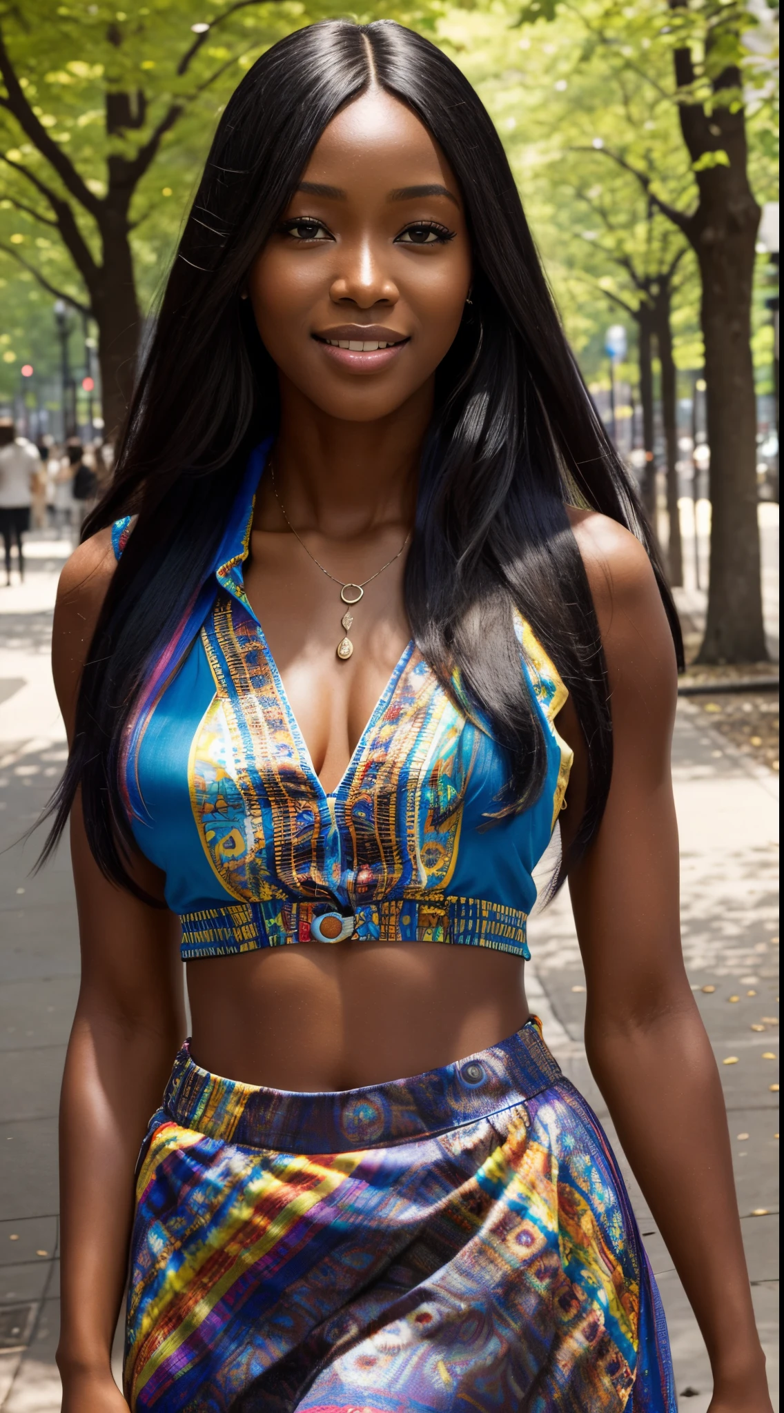 Foto hiperrealista en primer plano de Naomi Campbell, masterpiece, best quality, (photorealistic:1.4), full body, (colorful hippies blouse:1.2), (colorful hippies maxi skirt1.2), in the New York City Park, sunny day, cinematic light, beautiful woman, skinny, medium breasts, black long hair, detailed face, smile, facing the camera, photo taken from a distance, age of 14 years old