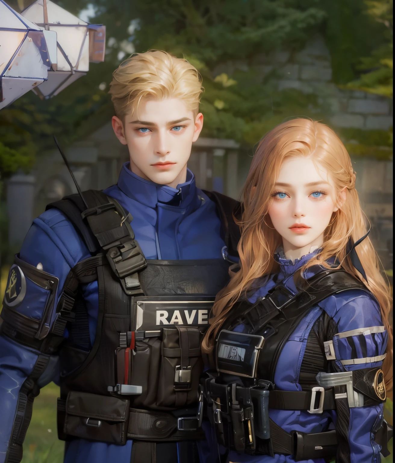 Couple, 1 girl 1 boy, different hair color, long redhead wavy hair and blue eyes, brown undercut hair and yellow eyes, romance, romantic, height different, fantasy, detailed eyeackground