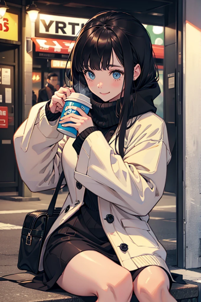 Beautiful girl wearing oversized winter clothes and drinking coffee、sitting on、In the street、looking-down、ssmile