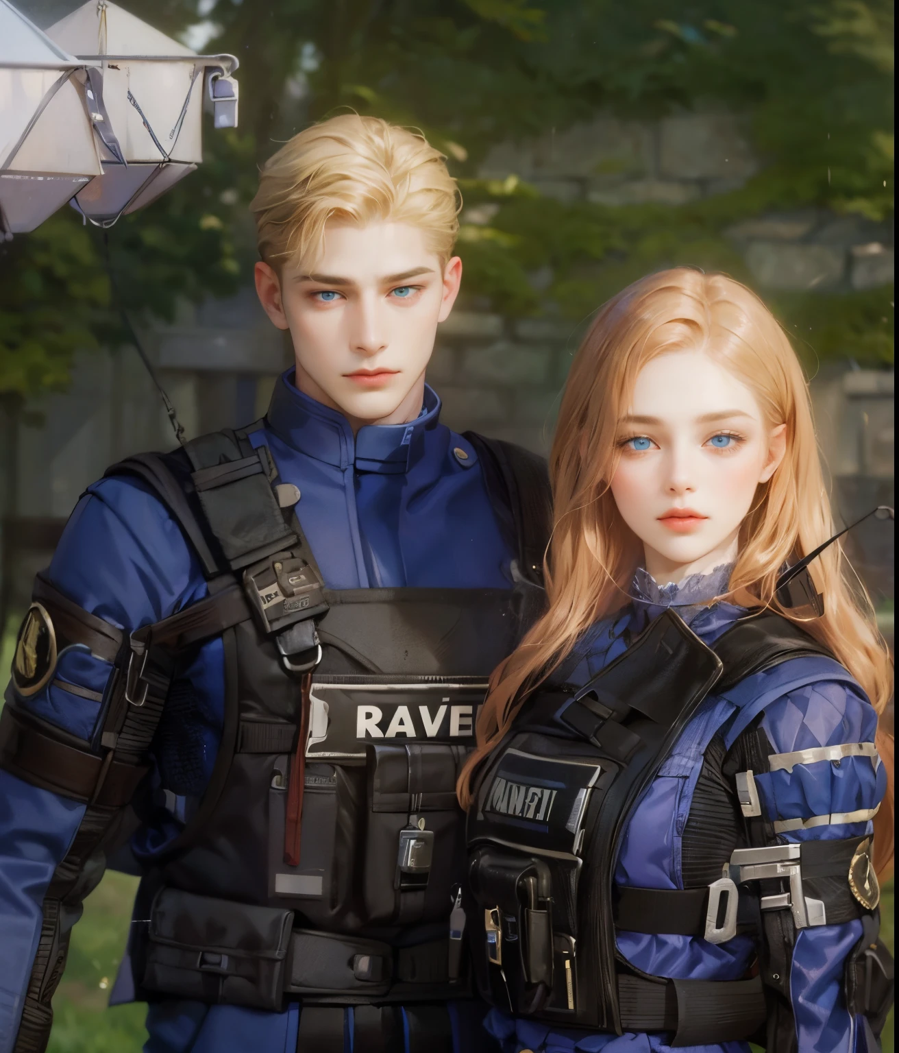 Couple, 1 girl 1 boy, different hair color, long redhead wavy hair and blue eyes, brown undercut hair and yellow eyes, romance, romantic, height different, fantasy, detailed eyeackground