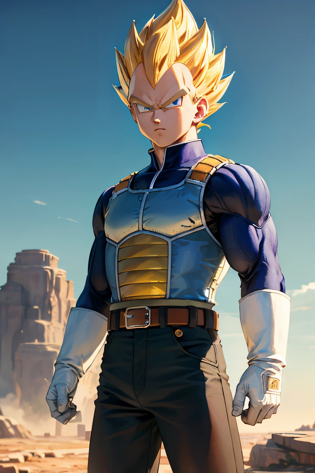 (masterpiece, best quality: 1.2), cowboy shot, solo, male focus, 1boy, vegeta, serious, looking at the viewer, spiked blonde hair, green eyes, armor, white gloves