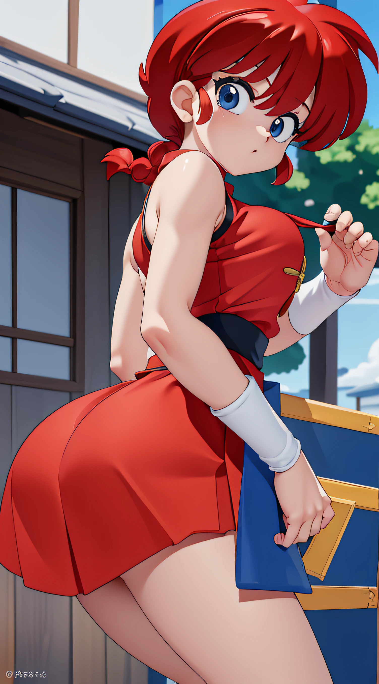 (8K, Photo RAW, best qualtiy, ​masterpiece:1.2), Ranma-chan, Ranma Red Shirt, Ultra mini skirt, In the back pose, Show me the loot