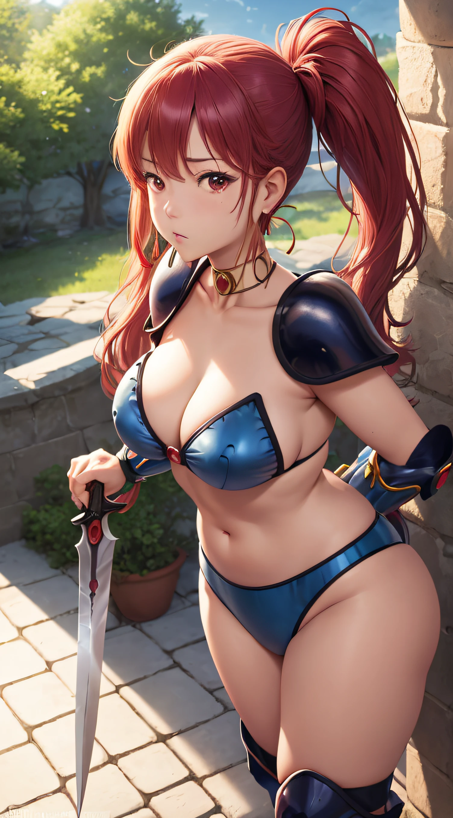 masutepiece, Best Quality, Yoko Asagiri, Choker, Bikini Armor, earrings, vambraces, knee boots, furrowed brow, Serious, forest, Knife Tail Root Hand, Standing, holding weapon, Clouds, skyporn