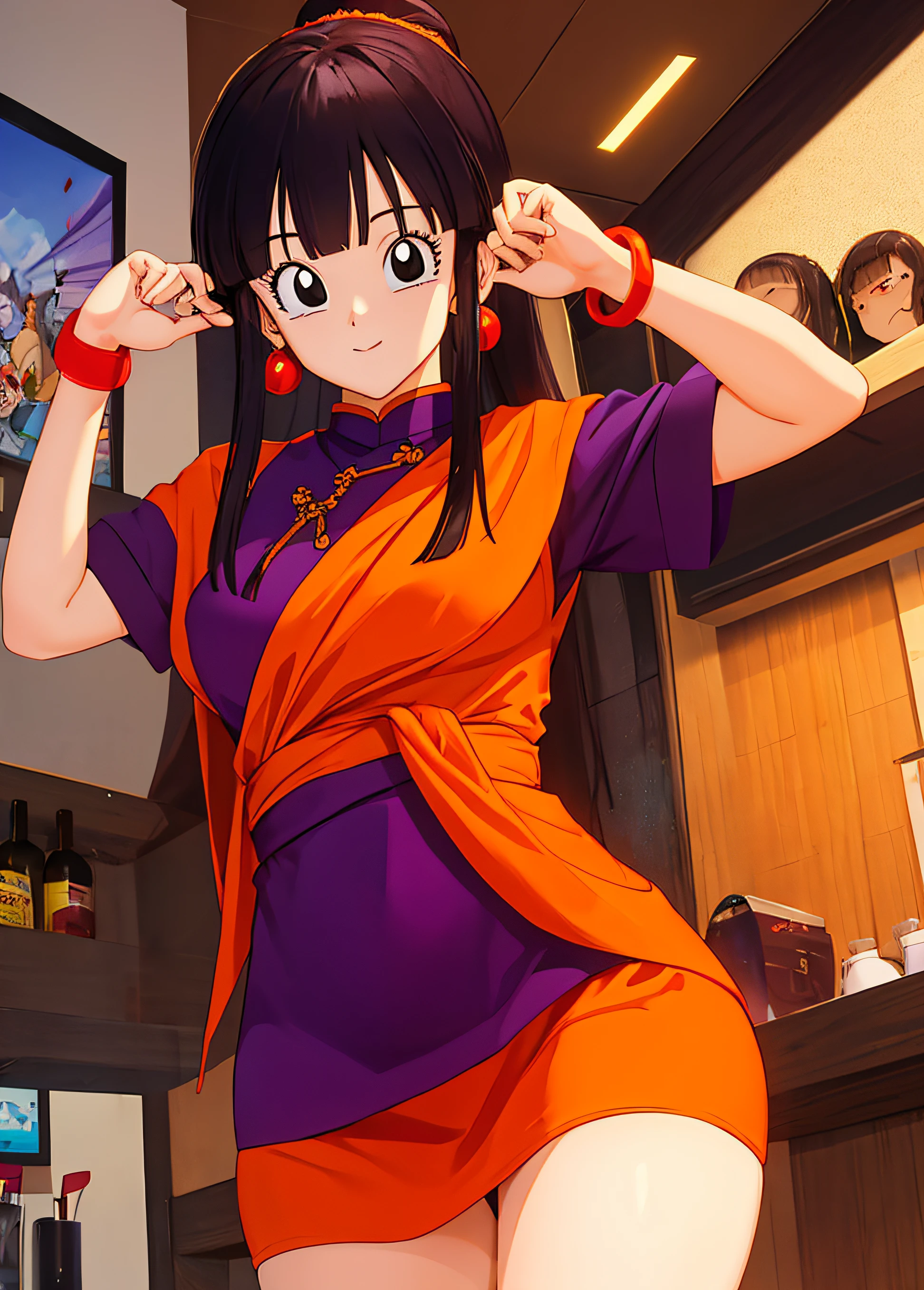 masterpiece, best quality, highest quality, perfect anatomy, perfect face, perfect eyes,
1girl, dbzch1ch1, sidelocks, bangs, single hair bun, hair bun, (black eyes), orange pashmina wrap, red sphere earrings , red wristbands, purple cheongsam, sexy  pose, sexy legs