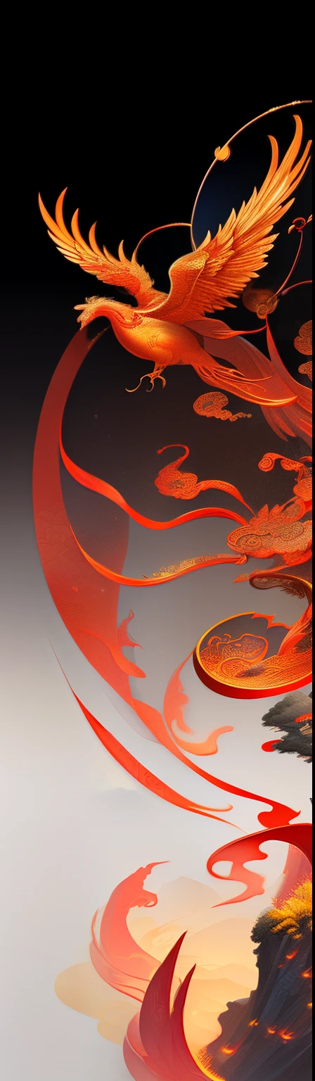 (tmasterpiece,high high quality,Highest image quality),Chinese classical cultural symbols,Phoenix Mural,Fenghuang, Chinese Phoenix,Chinese mythology,Shining red phoenix,The phoenix in Chinese mythology,magnificent plumage,wealthy,Noble,China-style,National style beauty,Gold and jade embellishments,The scenery of great rivers and mountains in auspicious clouds,Ink blending,Oriental aestheticagnificent and majestic momentum,Auspicious and festive meaning,otherworldly atmosphere,Stunning graphics,Sophisticated details,Large commercial advertising style,Classical Chinese art,high-definition image,16k,Background bokeh,Deep view,OC rendering,Breathtakingly beautiful,majestic beauty,Quiet and elegant art,HD digital art,Gorgeous and exquisite illustrations,Chinese elements,The perfect combination of fantasy and reality,Rich picture layering,light painting blooming,light particle rendering,hyper realisitc,Bright, romantic and beautiful light,soft warm light,beautiful art,Ultra HD 8K,amazing beautiful wallpaperackground artwork,8K detailed painting, 8k high definition wallpaper illustration,high detailed digital art