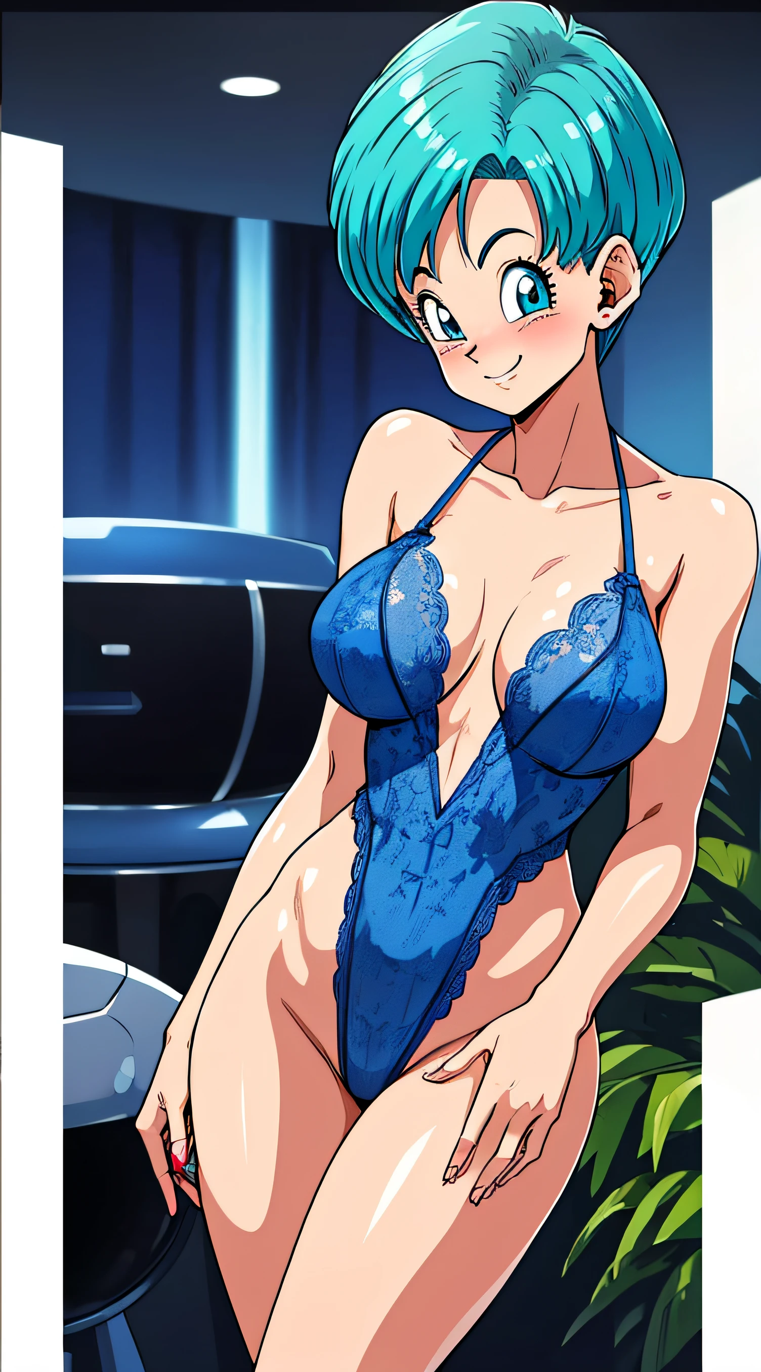 High Definition, 8K, Detailed face, grabbing her chest, touch her breast, showing her breast, Dragon Ball Z Bulma, Deep Blue Eyes, ((light grace see-through lingerie)), spa, (Large breasts)), Slim and thin, her chest is evenly proportioned)), Front view, 4fingers and 1thumb, ((2 handrew hair, Beautiful smile, smiling at the viewer, Blushing cheeks,
