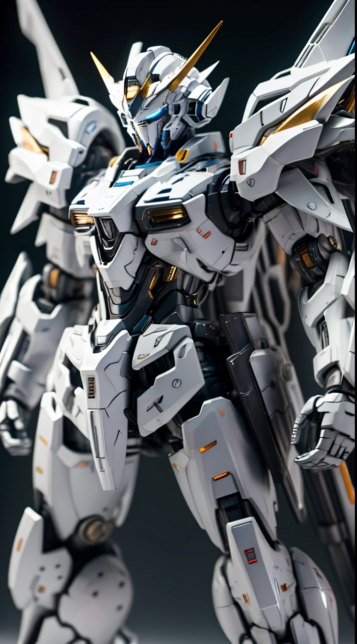 Gundam、Full body like、No back equipment、realisitic、Dual Eye、Facing the front、Row of 、White the&Silver Body、Blue breasts、metal、realisticlying、Giant Robo、in fighting、