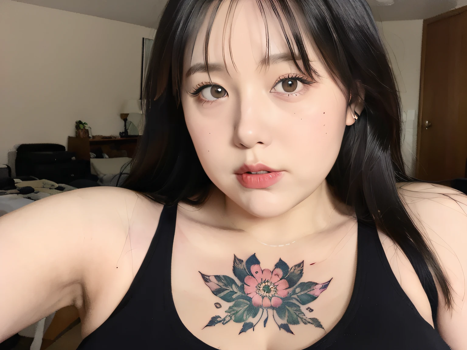 there is a woman with a tattoo on her chest posing for a picture, a picture inspired by Ni Tian, tumblr, tachisme, bbwchan, she has a jiggly fat round belly, she is wearing a black tank top, thicc, angelawhite, trending on bbwchan, sie boob, busty