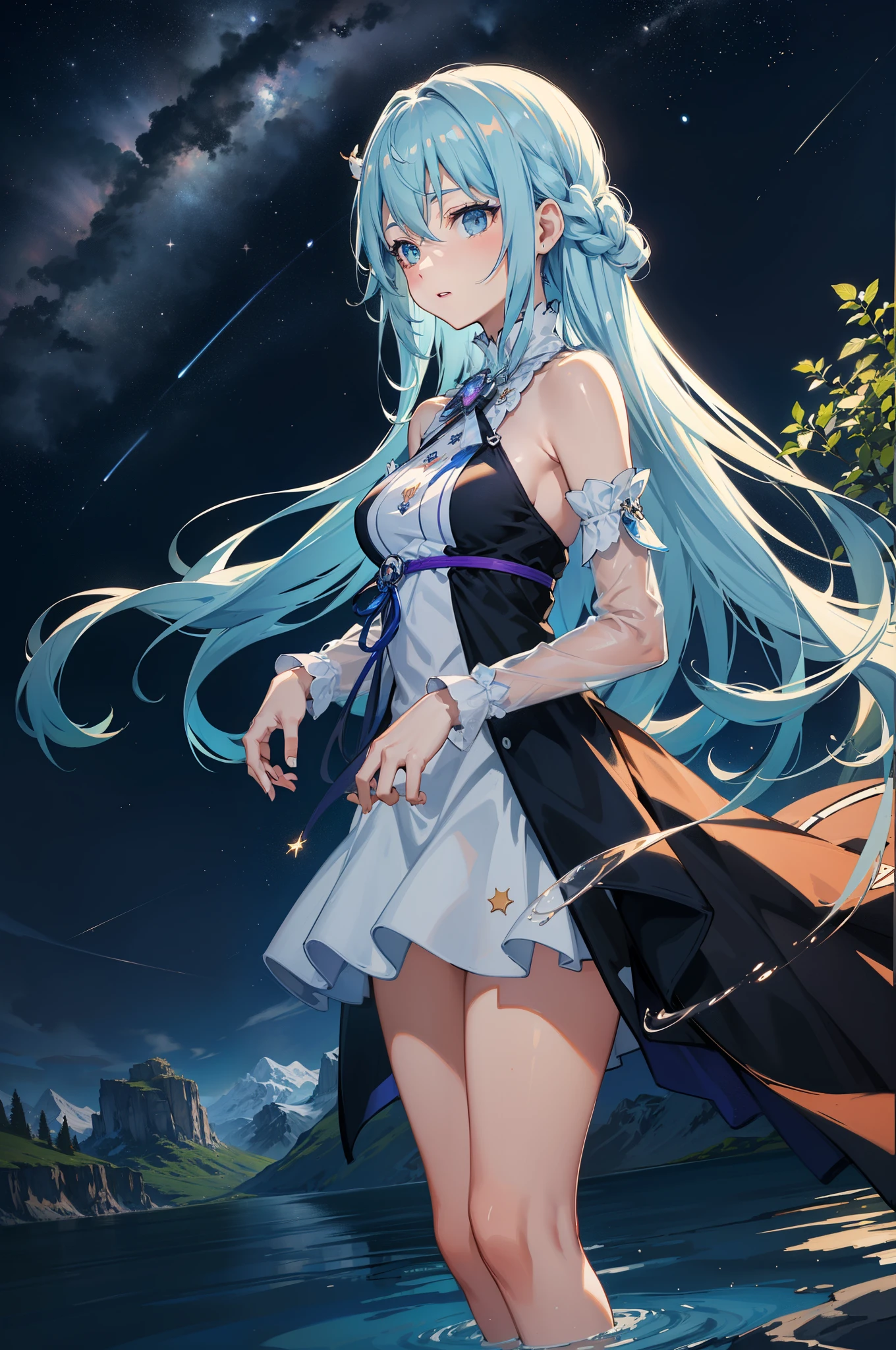 {{{masutepiece}}}, {{best qualtiy, An ultra-fine illustrations, beautifulanddelicatewater}}, {{very delicate light}}, {{Nature, Painting}}, {{Fine Lighting, More transparent stars, Quality Mountains々々々々々々々, Very fine 8K PCG wallpaper}}, (plateau), Sunrise, randomly distributed clouds, cliff, ((Rotating starry sky)), ((Lake of the mountain stream)), Beautiful girl with long light blue hair with luminous particles、Twin-tailed