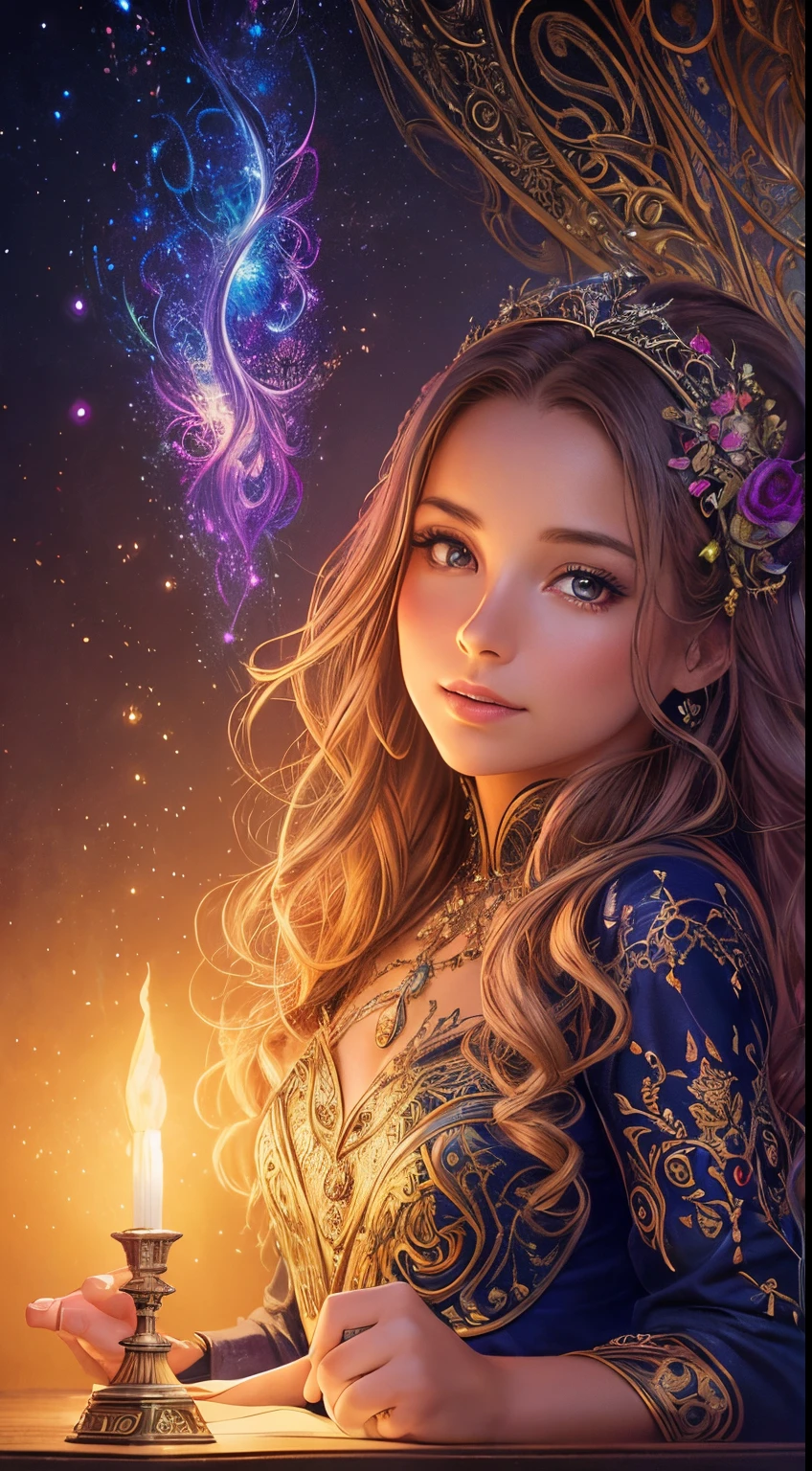 Full body portrait of a beautiful woman, style by Thomas Kinkade+David A. Hardy+Carne Griffiths+Mandy Disher, luis royo, julie bell, key light reflecting in eyes, perfect composition and lighting, half vivid colors fine art, best quality, high detailed, detailed faces, 2d, flat, cute, adorable, fairytale, storybook detailed illustration, cinematic, ultra highly detailed, tiny details, beautiful details, mystical, luminism, vibrant colors