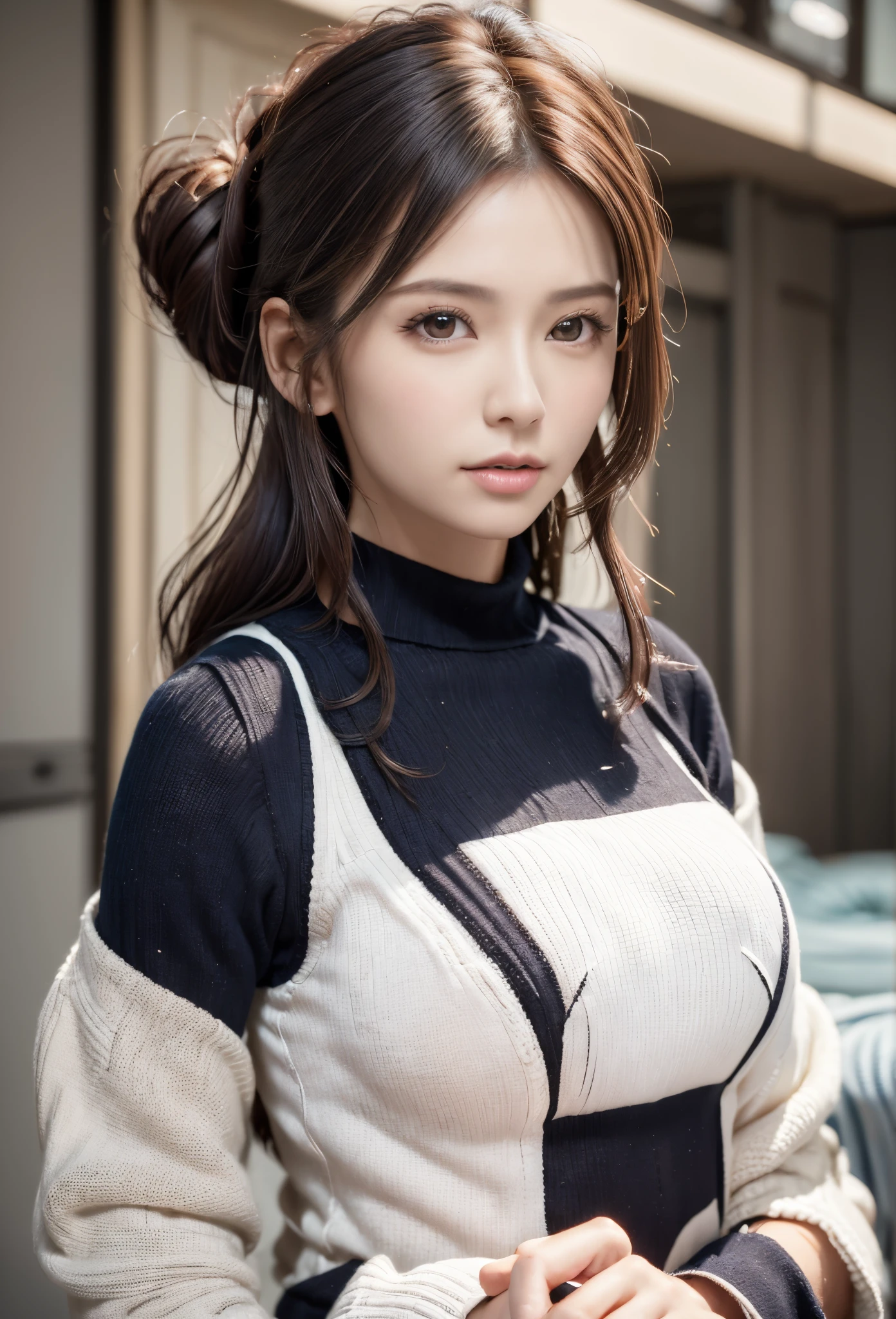 8K, of the highest quality, masutepiece:1.2), (Realistic, Photorealsitic:1.37), of the highest quality, masutepiece, Beautiful young woman, Pensive expression,、A charming、and an inviting look, Oversized knitwear、Hair tied back, Cinematic background, Light skin tone、Ko Shibasaki