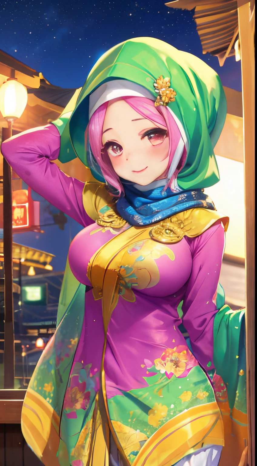 (night scene, sexy javanese girl with hijab, posing, look at a camera and smile, pastel hijab, big tit, cute young face, 18 yo, soft volumetric lightacklit:1.3), (cinematic:1.3), intricate details, (ArtStation:1.2),Best quality, high resolution, masterpiece: 1.3), big breasts, slim figure, sweatshirt, beautifully presented details in the street and facial and skin texture, detailed eyes, double eyelids, big eyeschest visible, shirt open