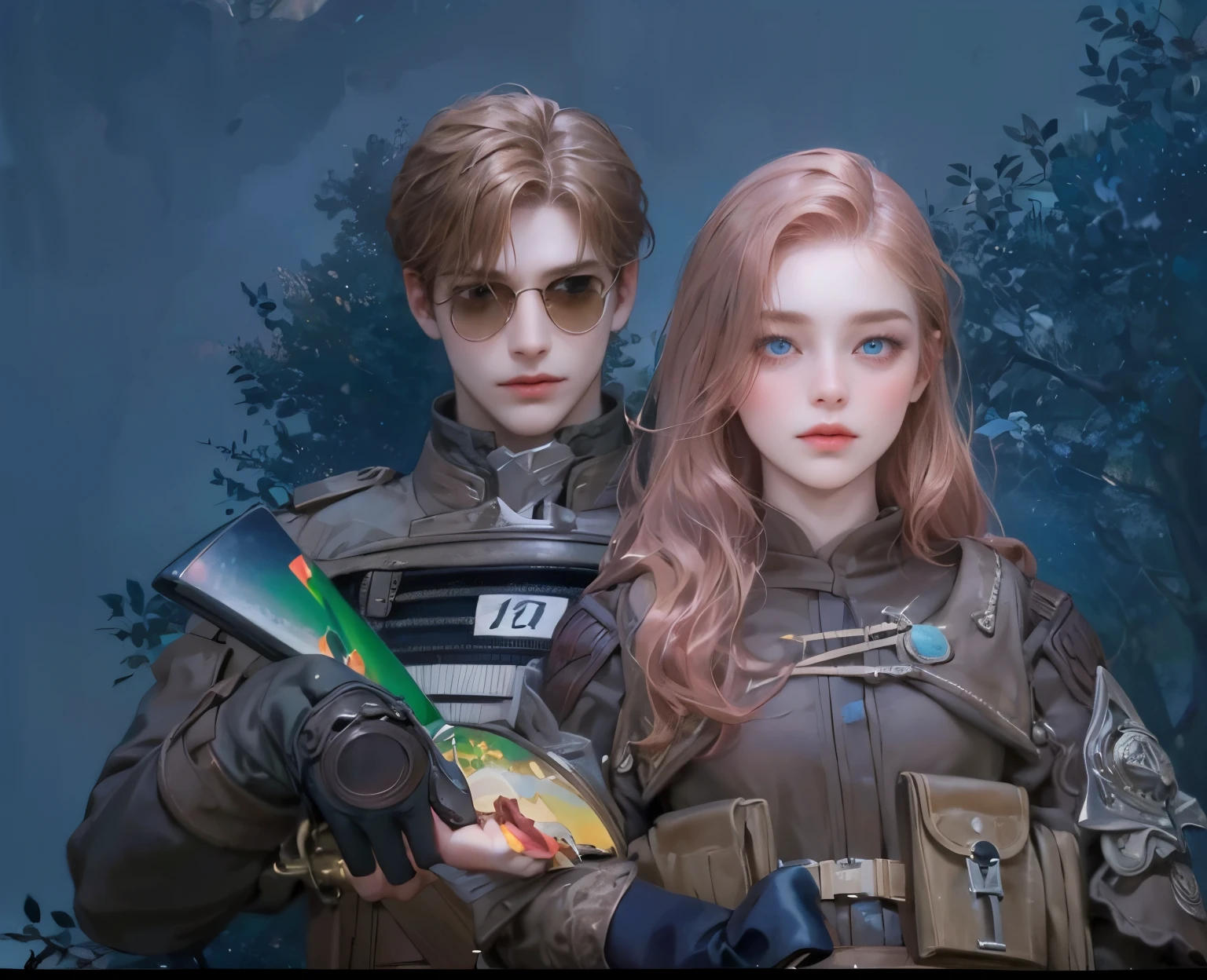 Couple, 1 girl 1 boy, different hair color, long redhead wavy hair and blue eyes, brown undercut hair and yellow eyes, romance, romantic, height different, fantasy, detailed eyeackground