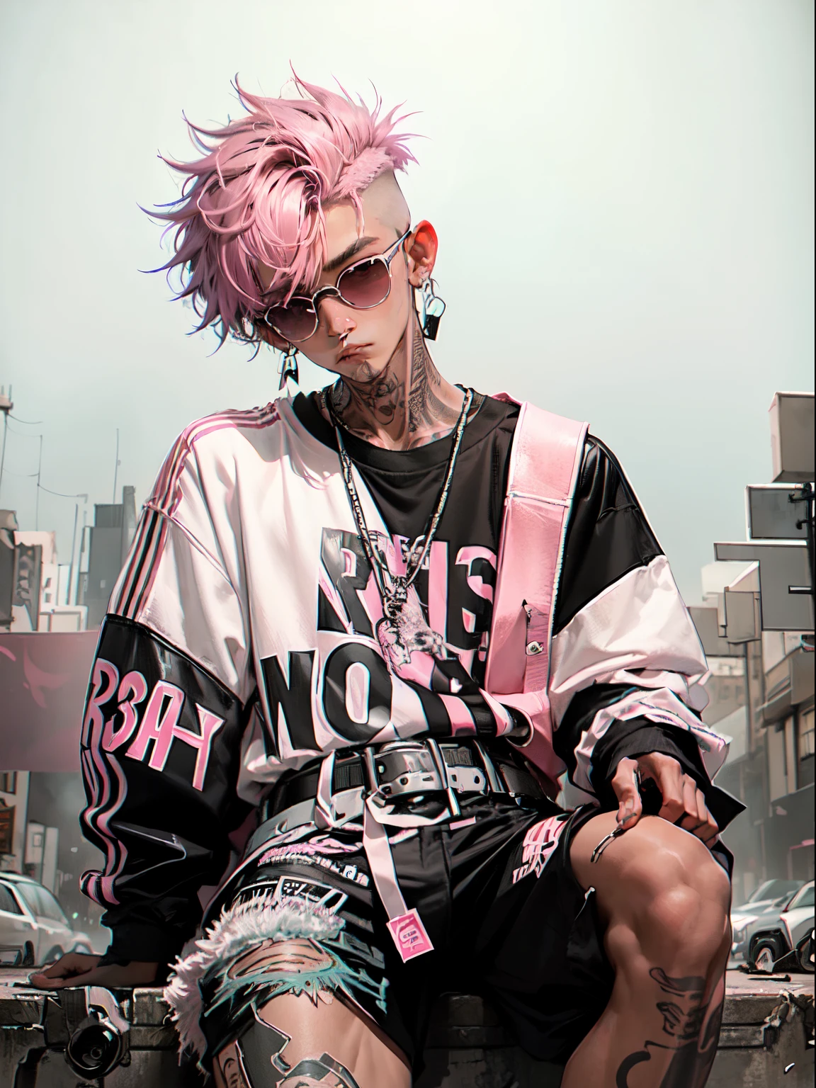 Kpop young age boy with fade cut dark pink hair with white earring on his right ear(frosted white shades of which are paled tips top hair), cute face, irresistible, sit pose, poser, serious face, full half body show, tattoos, shirtless and has black ripped shorts and a large belt-buckle, long black pants with belt, paint background, popstar, has messy pink emo hairstyle. He has a normal Putt Putt Troll appearance overall,