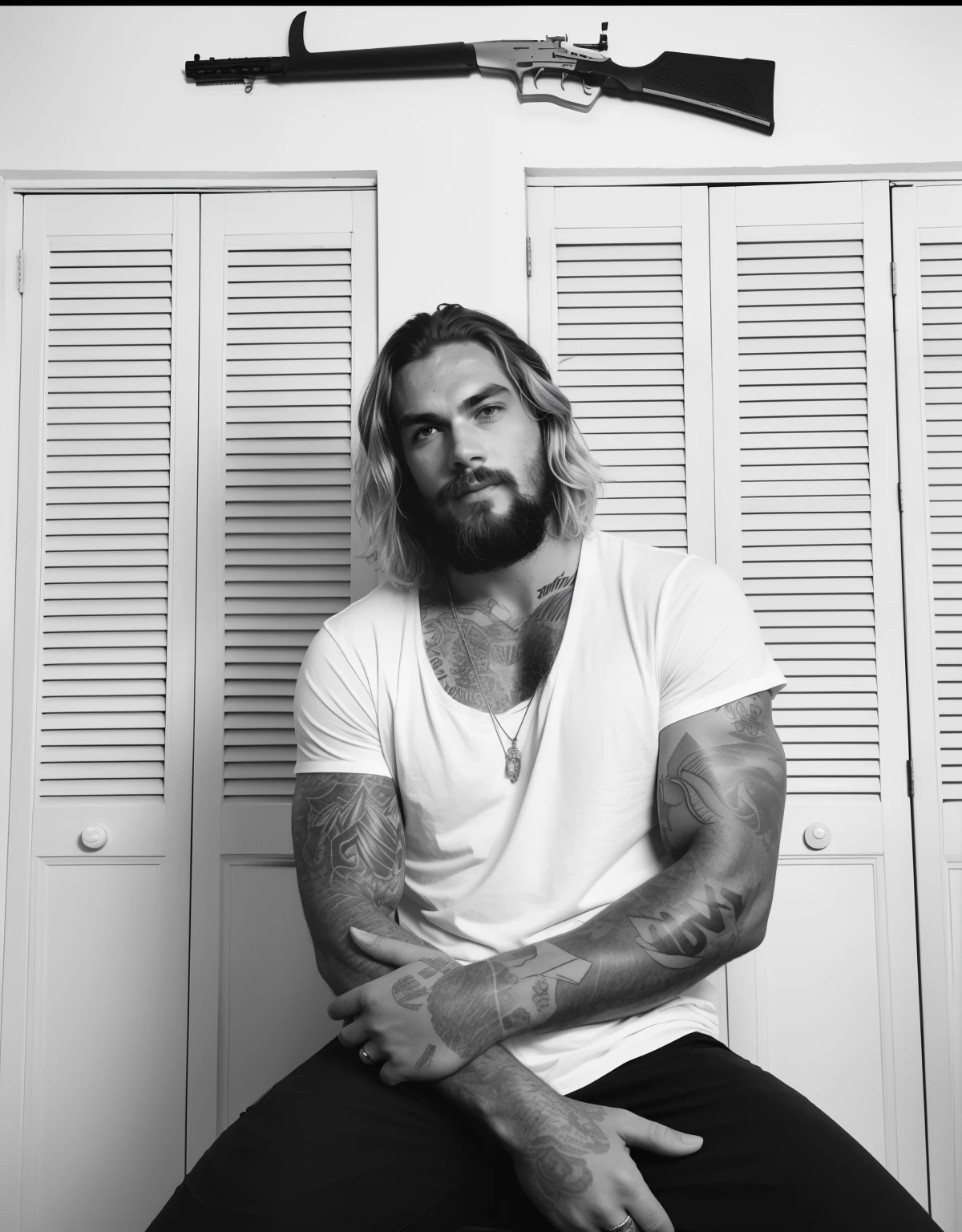 Homem de cabelos compridos e barba sentado em frente a uma parede com armas, Jay Bauman, he got a big french musctache, felix englund, Christian, Tatuado, homem tatuado, Estilo Felix Englund, Adam, jason momoa, inspirado em Jeremy Henderson, por Cam Sykes, com tatuagens, Directed by: Zack Stella, Raphael Lecoste, Coberto